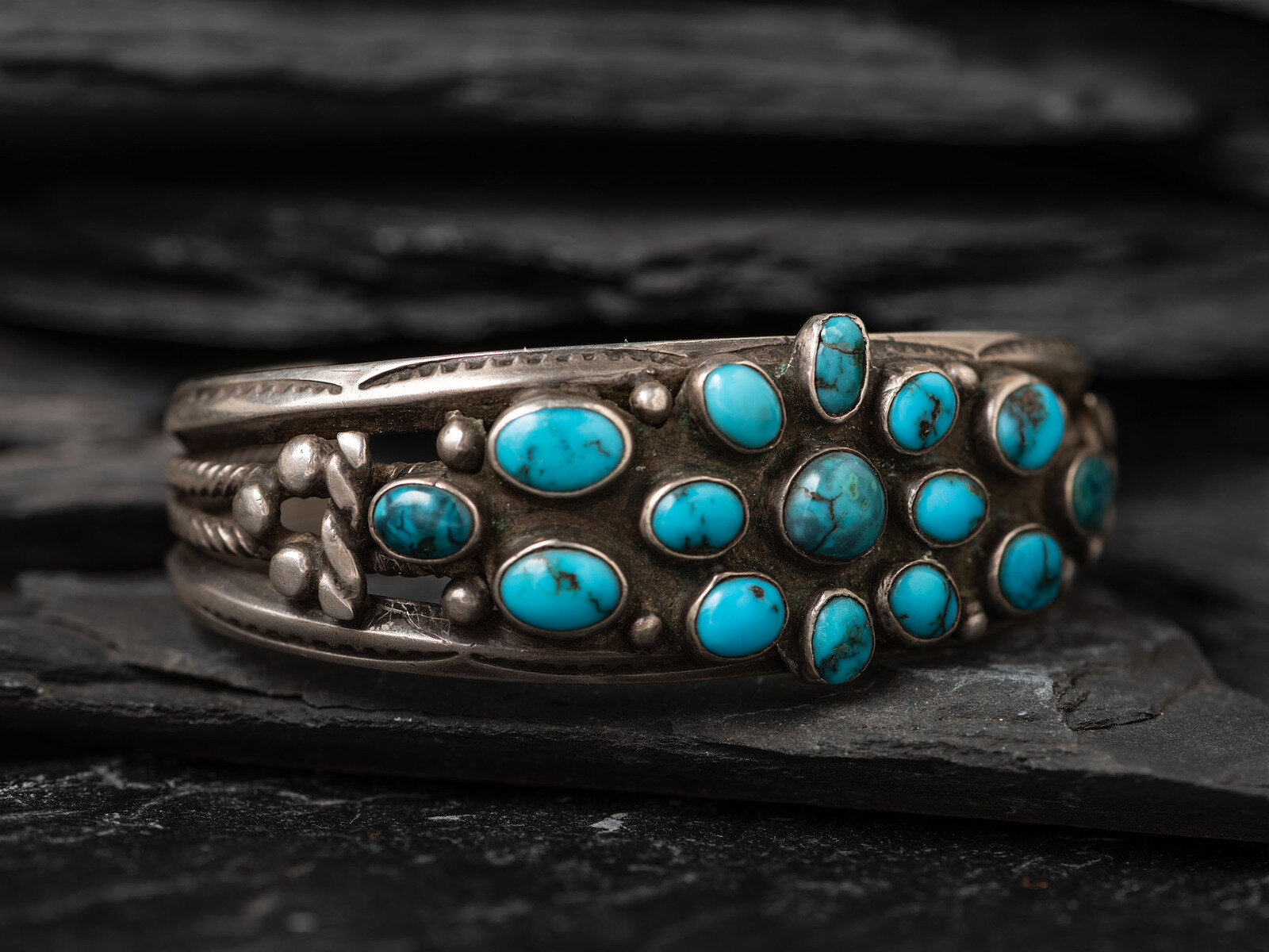 Appraisal: Navajo Turquoise Cluster Cuff Bracelet second quarter th century stamped