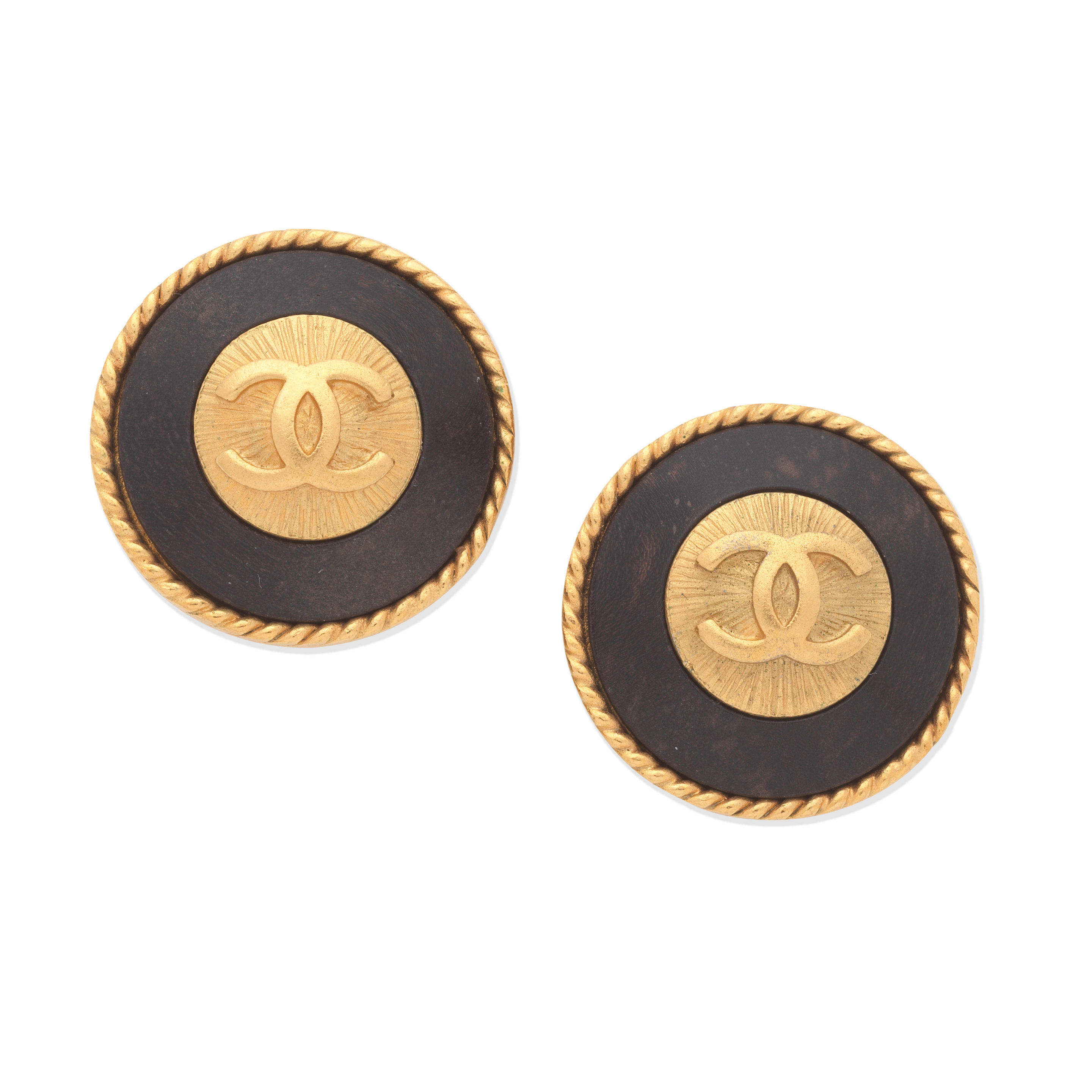 Appraisal: CHANEL A PAIR OF WOOD AND GOLD CC CLIP EARRINGS