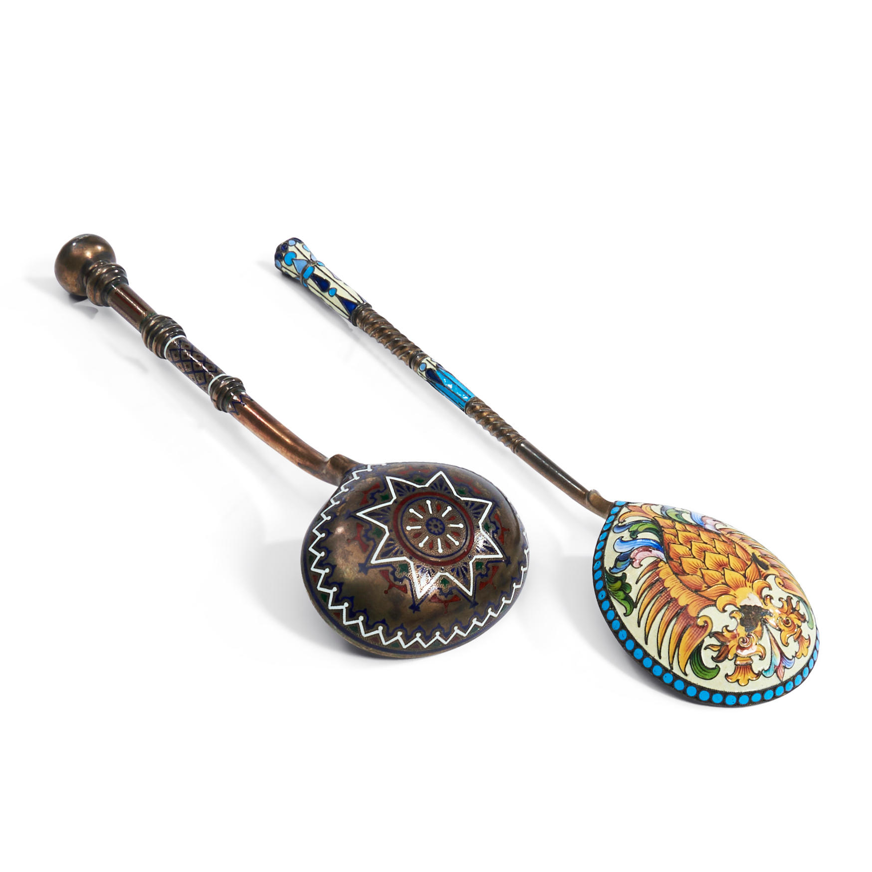 Appraisal: TWO RUSSIAN SILVER GILT ENAMEL SPOONS a Zolotnik silver gilt