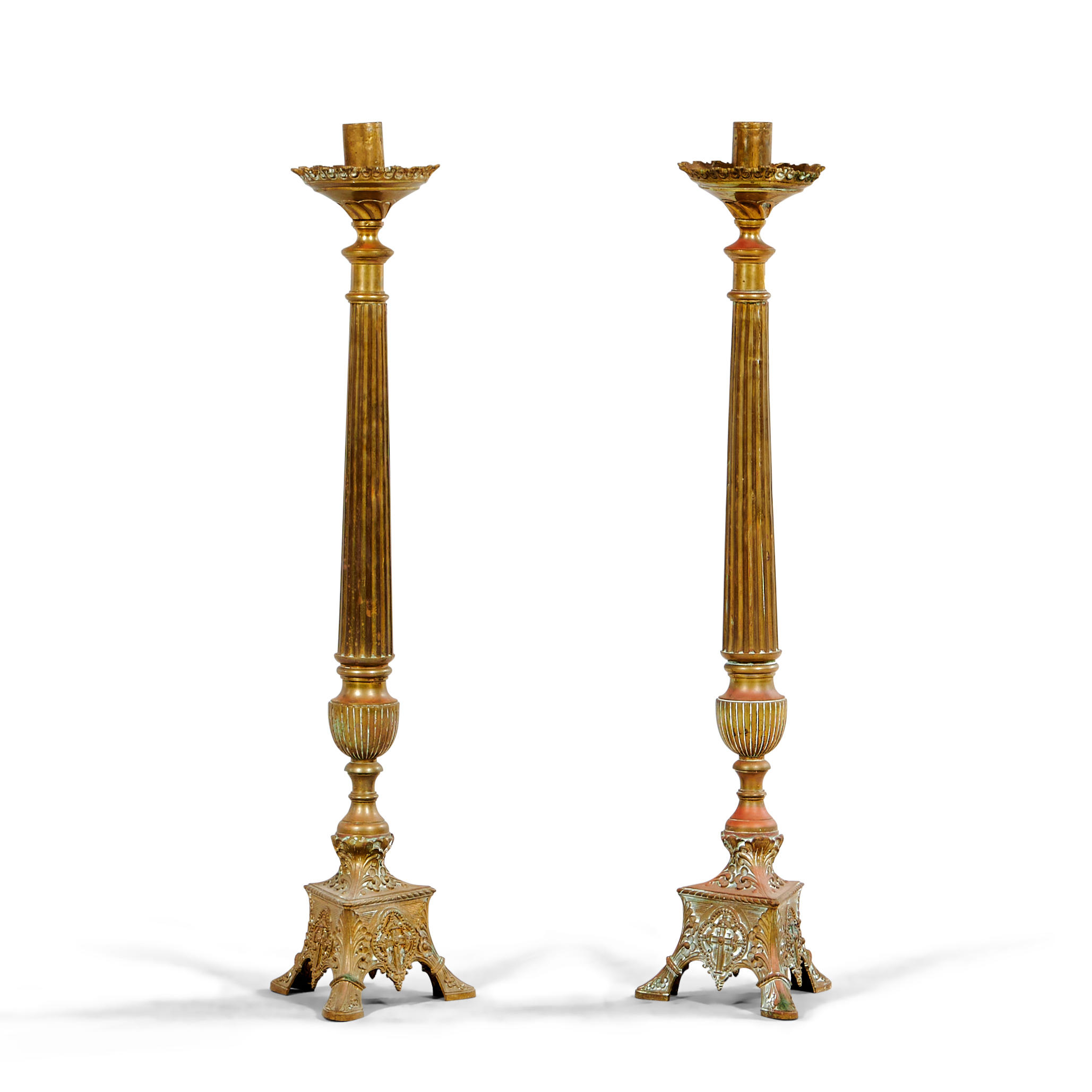 Appraisal: PAIR OF BRASS ECCLESIASTICAL CANDLESTICKS late th early th century