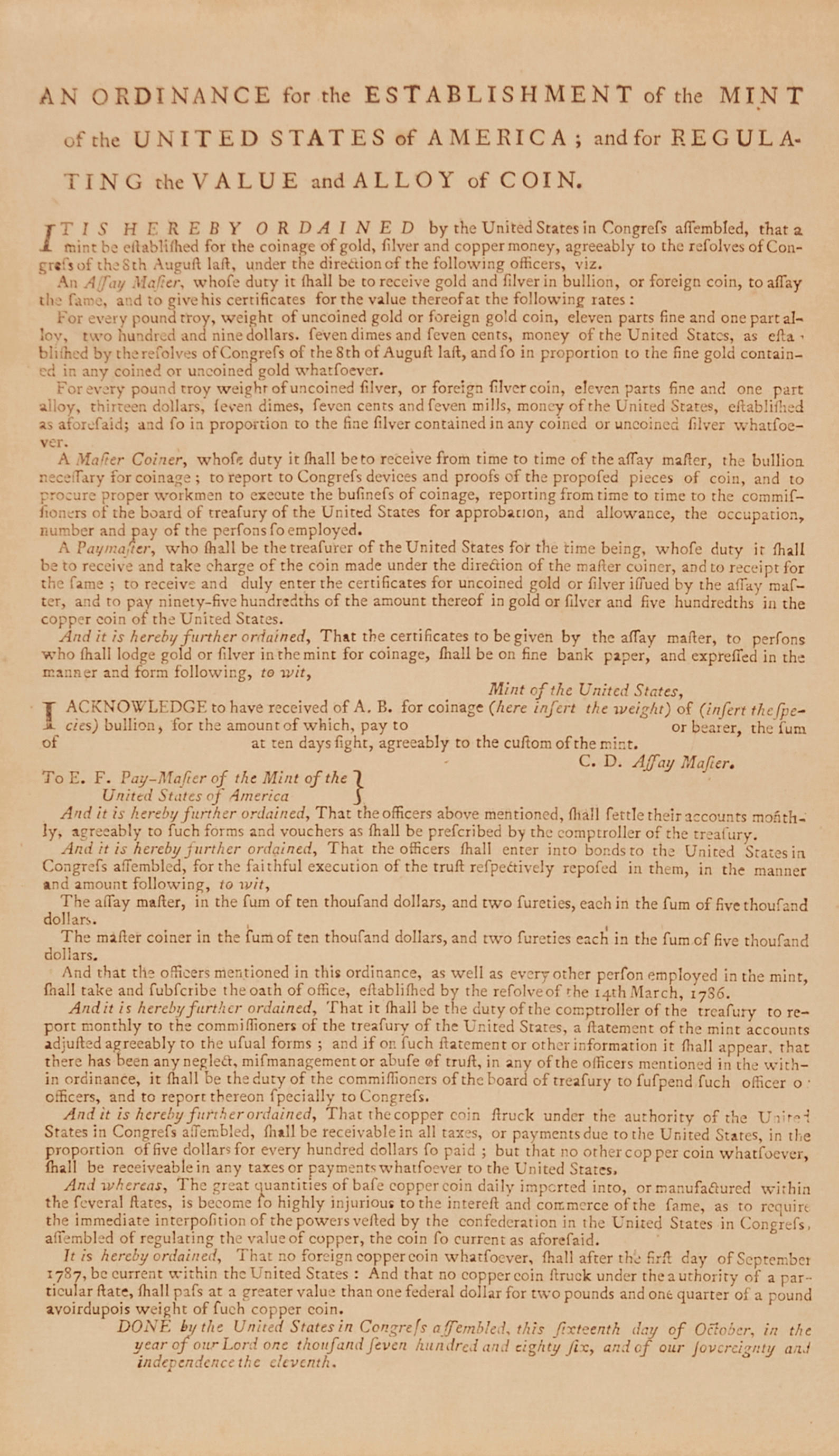 Appraisal: HAMILTON AND THE ESTABLISHMENT OF THE U S MINT CONTINENTAL