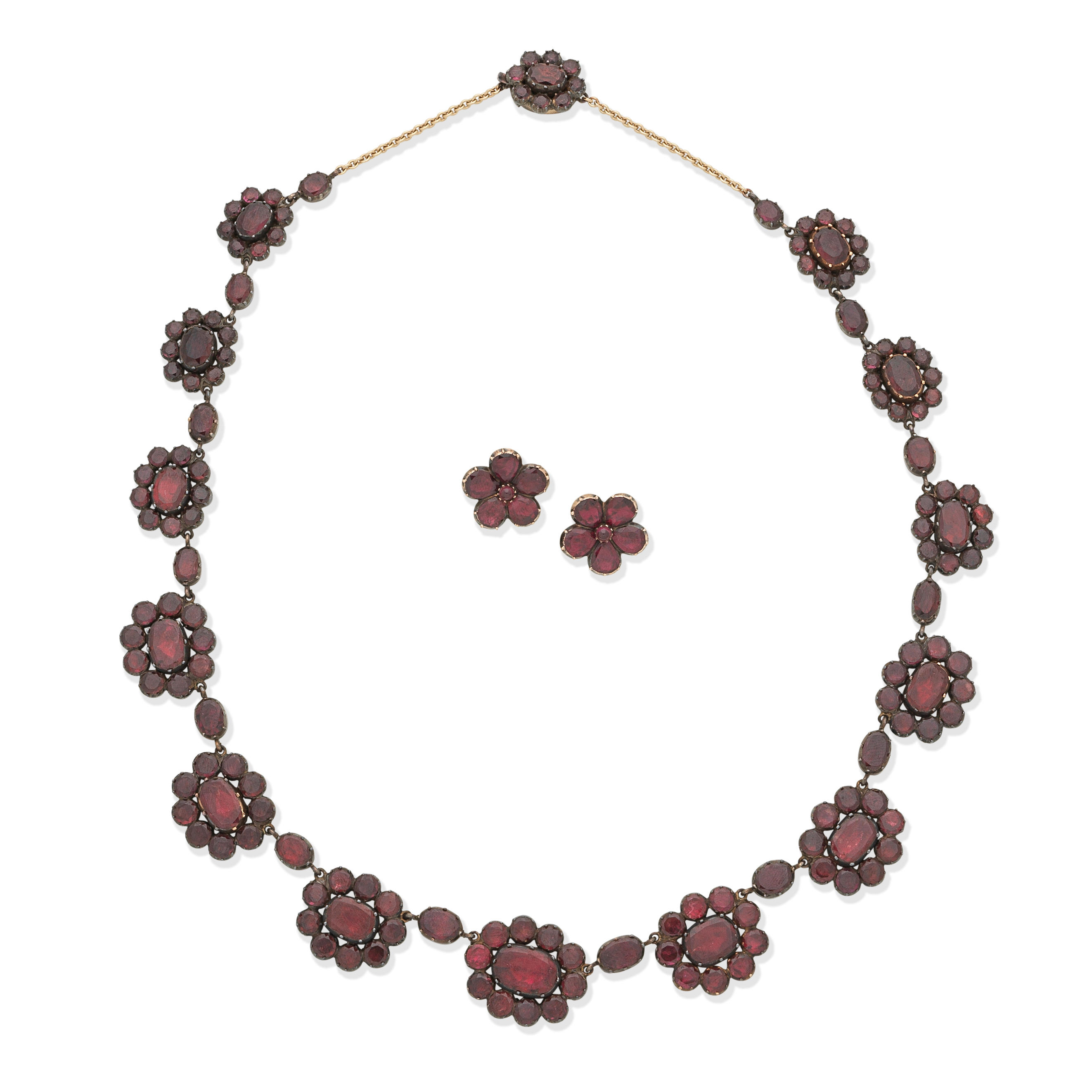 Appraisal: GARNET CLUSTER NECKLACE AND EARSTUDS TH CENTURY The necklace designed