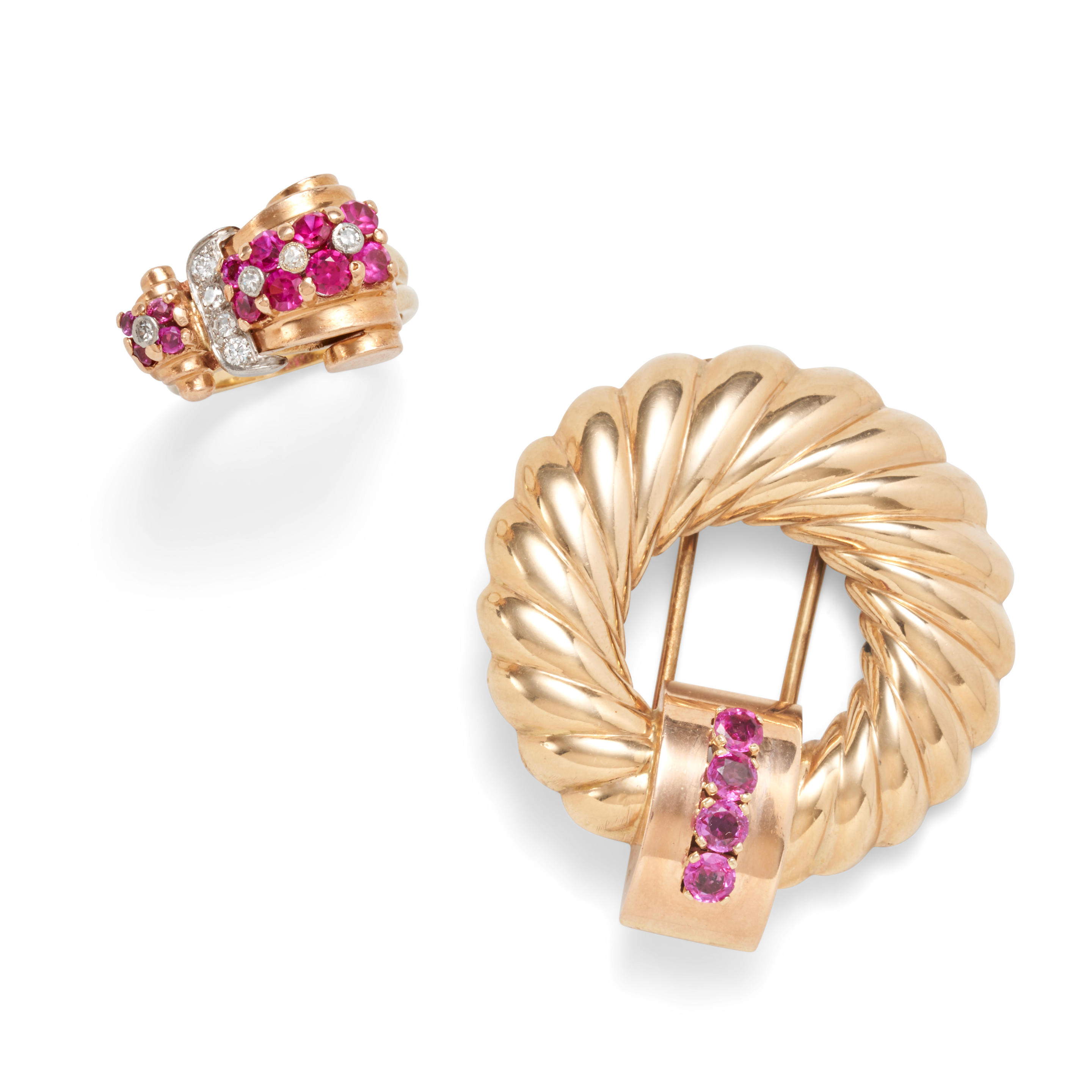 Appraisal: A RETRO GOLD AND SYNTHETIC RUBY BROOCH AND RING The