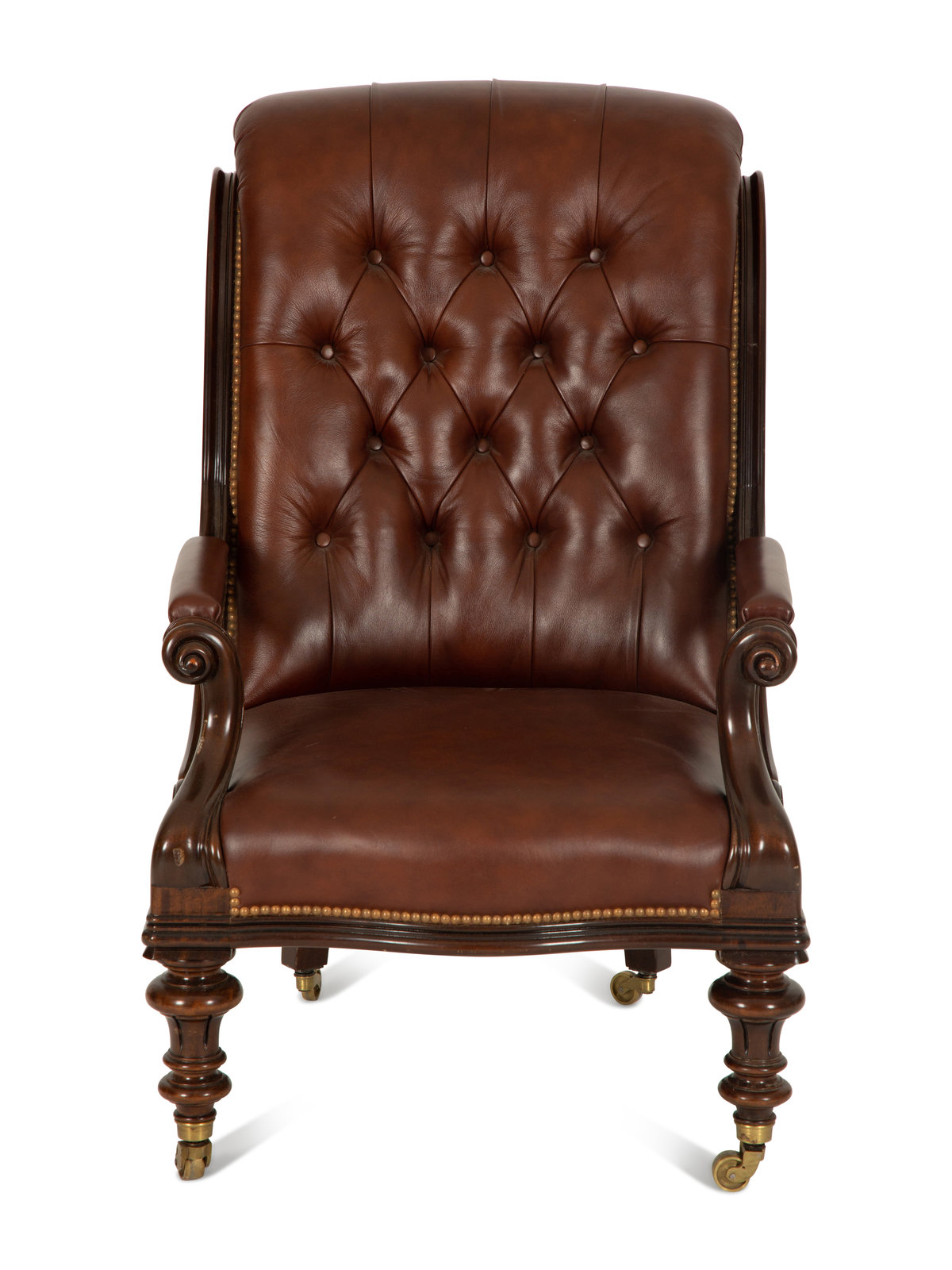 Appraisal: A Regency Style Leather Upholstered Mahogany Open Armchair th Century