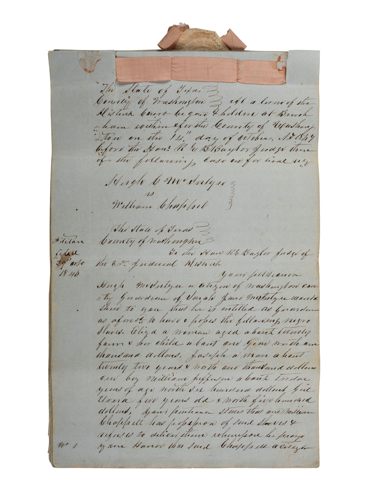 Appraisal: AFRICAN AMERICANA -- TEXAS Legal document referencing enslaved individuals Washington