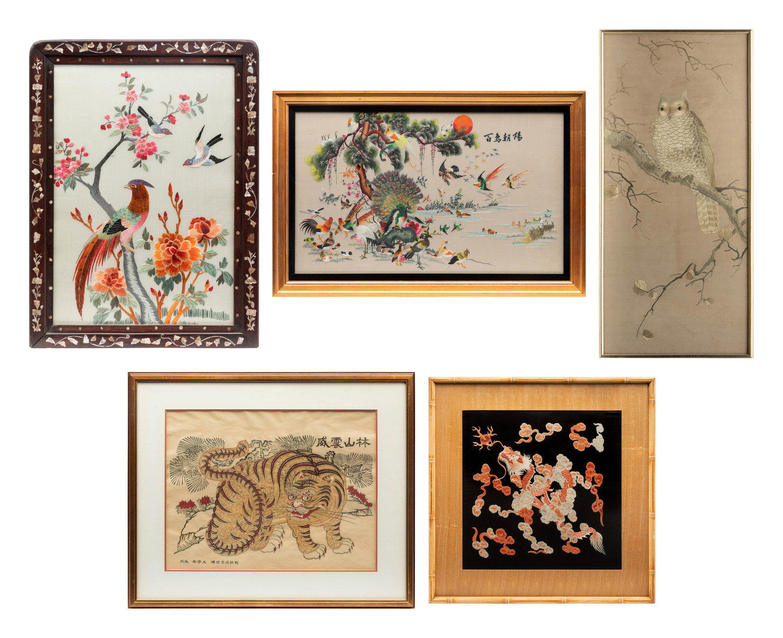 Appraisal: Five Chinese and Japanese Embroidered Silk Panels th Century comprising