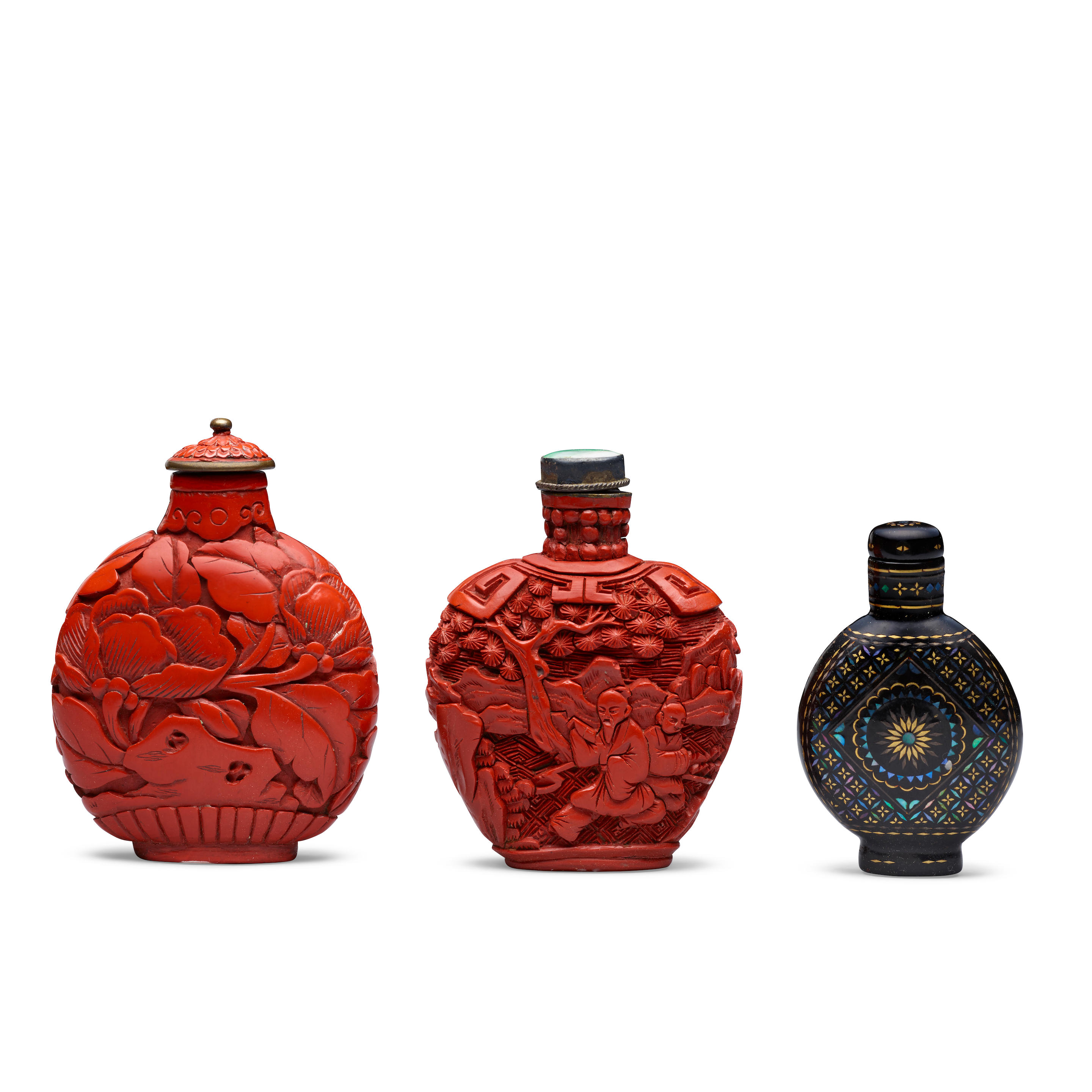 Appraisal: THREE LACQUERED SNUFF BOTTLES Late Qing dynasty Republic period Including