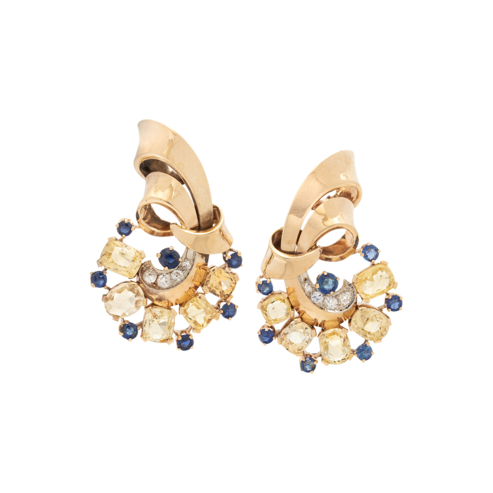 Appraisal: RETRO SAPPHIRE AND DIAMOND EARRINGS Containing ten oval and cushion