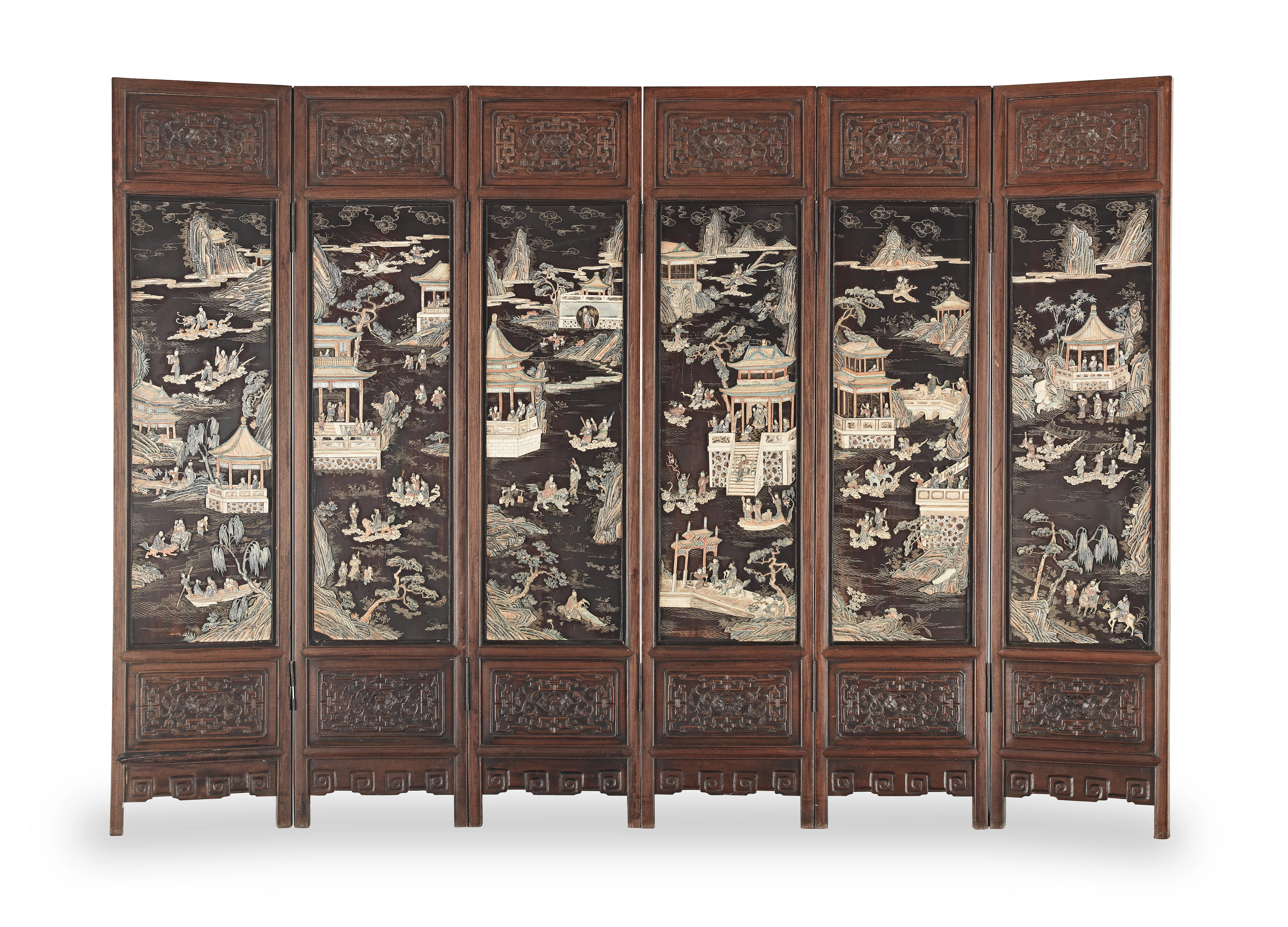 Appraisal: A SIX-PANEL IVORY INLAID HONGMU SCREEN th century Elaborately decorated