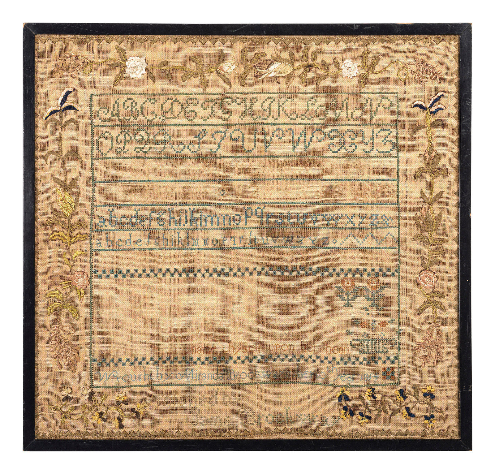 Appraisal: A Connecticut Needlework Alphabet Sampler Wrought by Miranda Brockaway Early