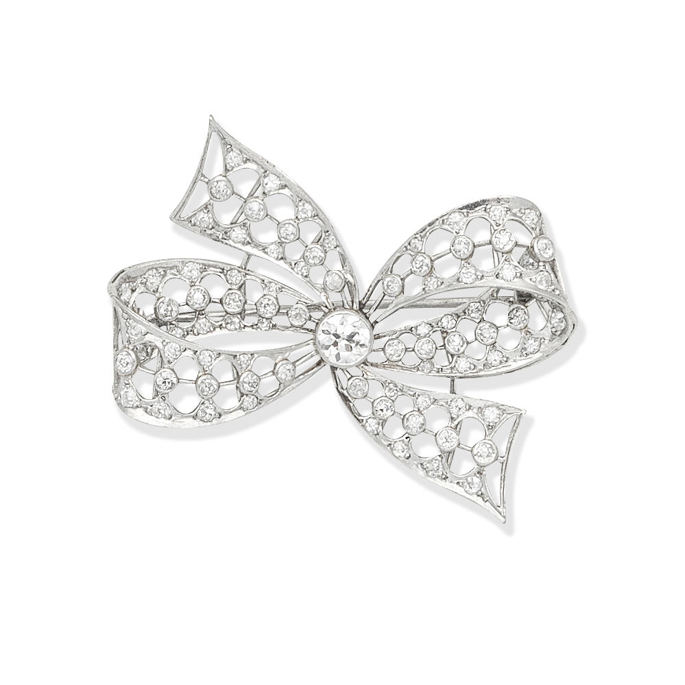 Appraisal: DIAMOND BOW BROOCH Of openwork design set with old brilliant