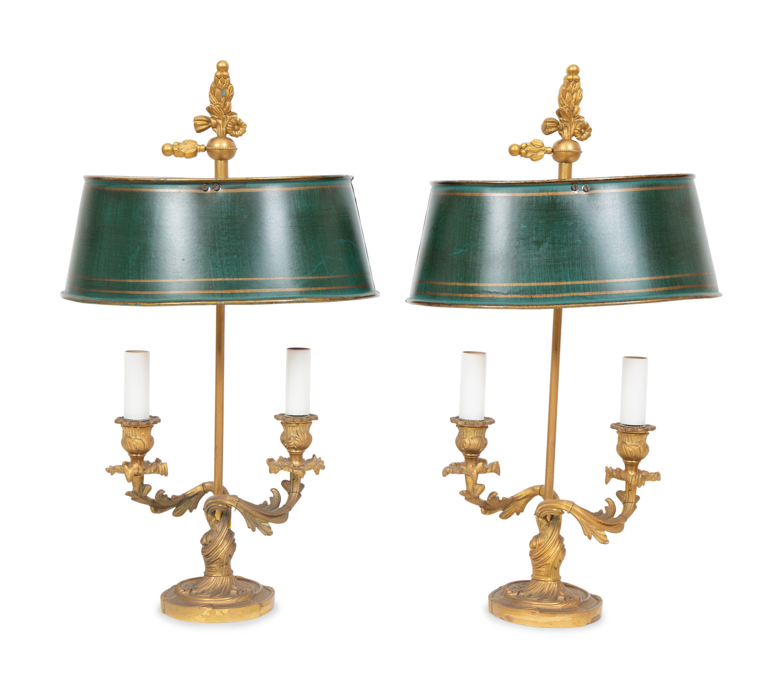 Appraisal: A Pair of Gilt Bronze Bouillotte Lamps with Green Tole