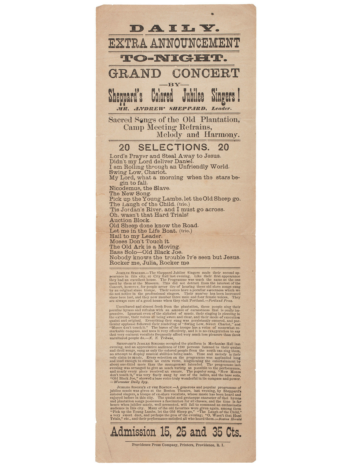 Appraisal: MUSIC Broadsides and sheet music related to Jubilee Singers and