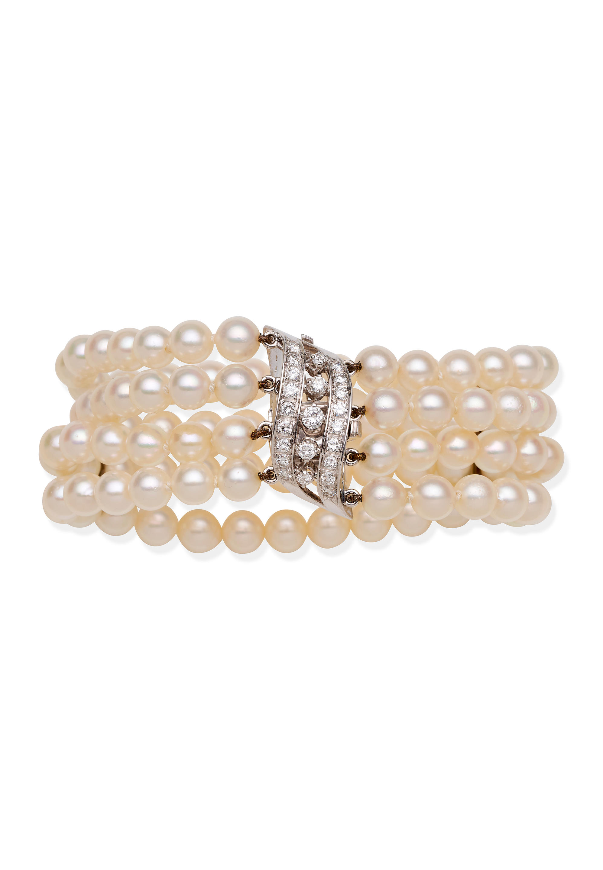 Appraisal: CULTURED PEARL AND DIAMOND BRACELET AUSTRIA The three rows of