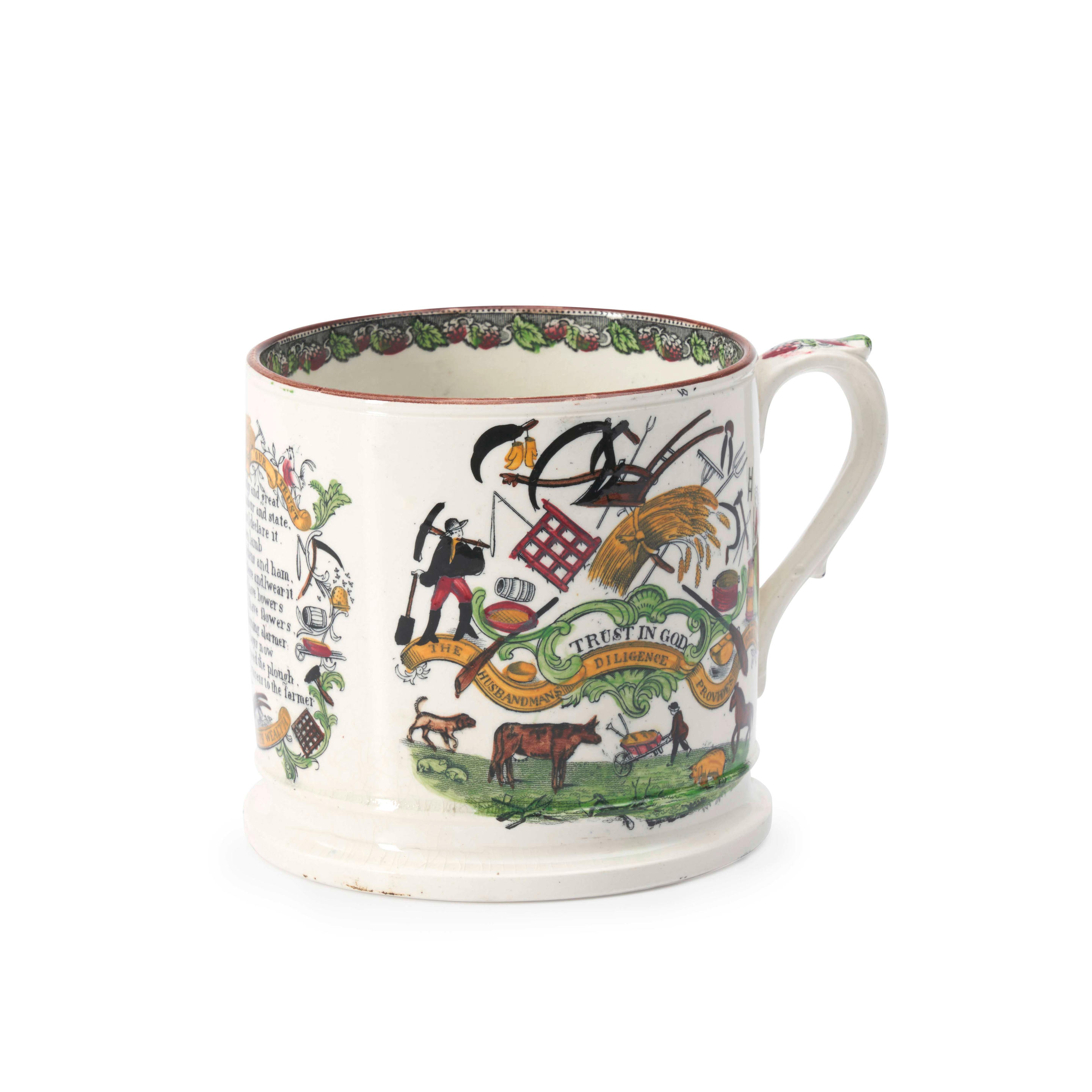 Appraisal: TRANSFER-PRINTED FARMER'S ARMS CREAMWARE FROG MUG England c Large mug