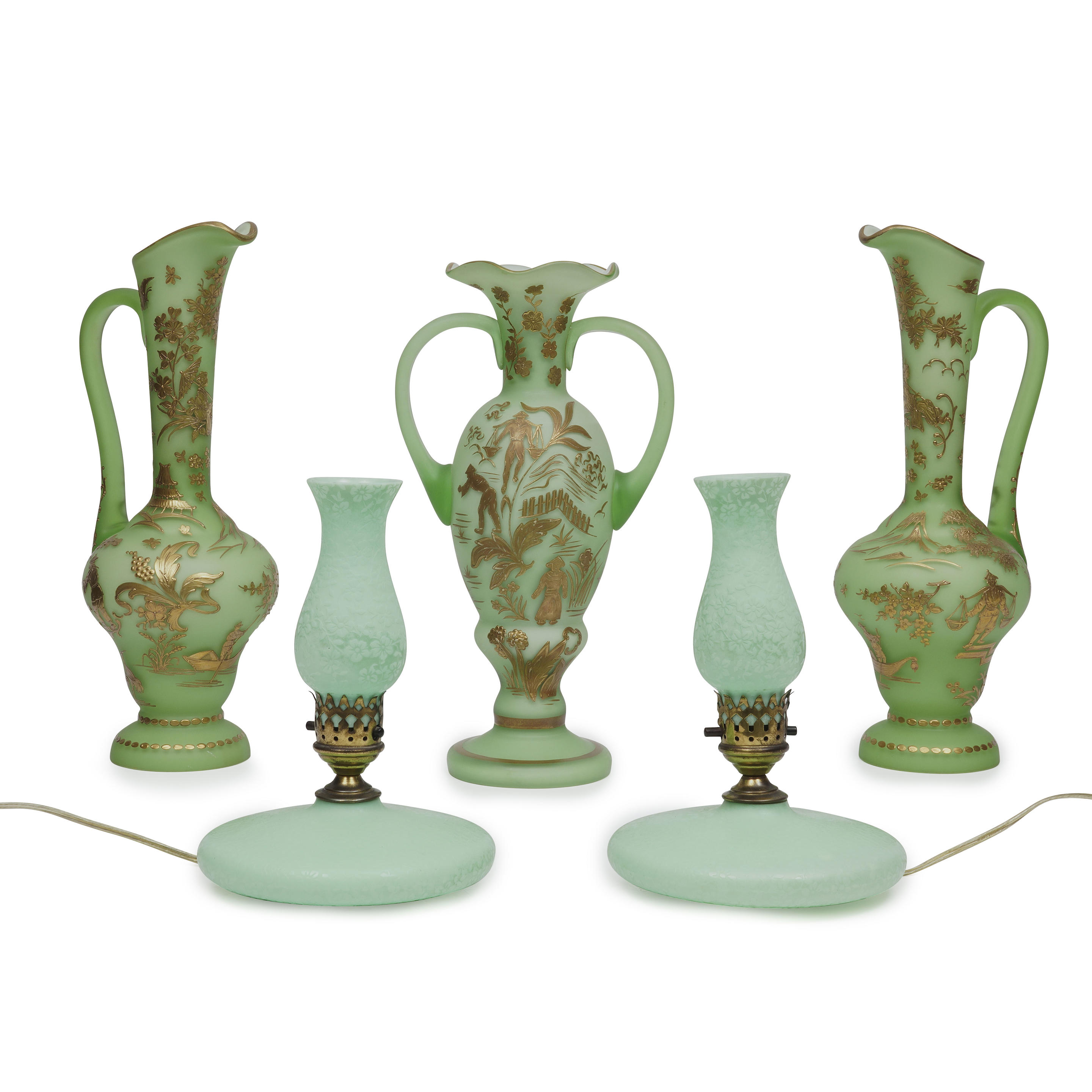 Appraisal: FIVE GREEN SATIN GLASS PIECES a pair of pitchers with