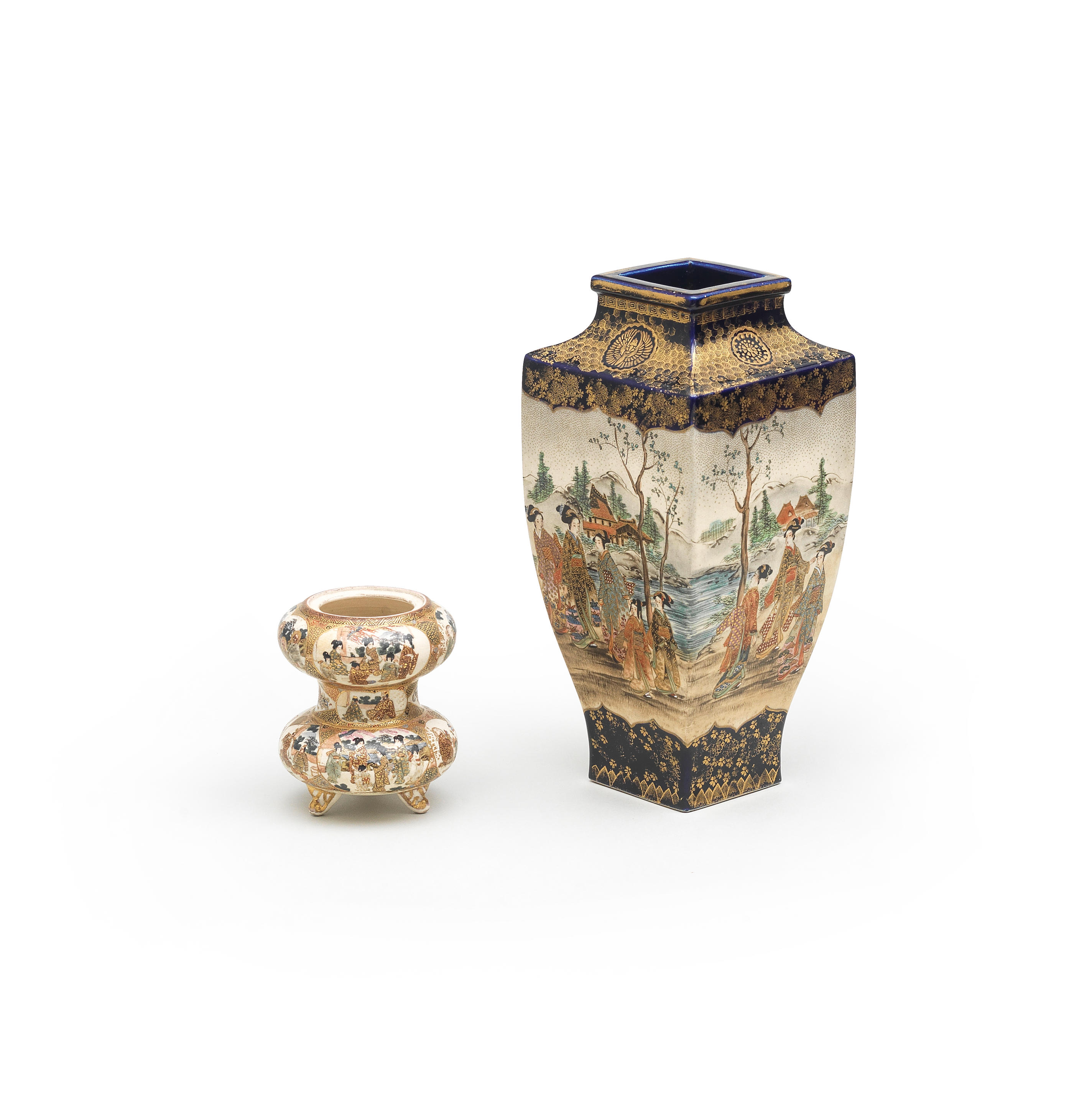 Appraisal: A SATSUMA-WARE SQUARE BALUSTER VASE AND A DOUBLE-GOURD VASE The