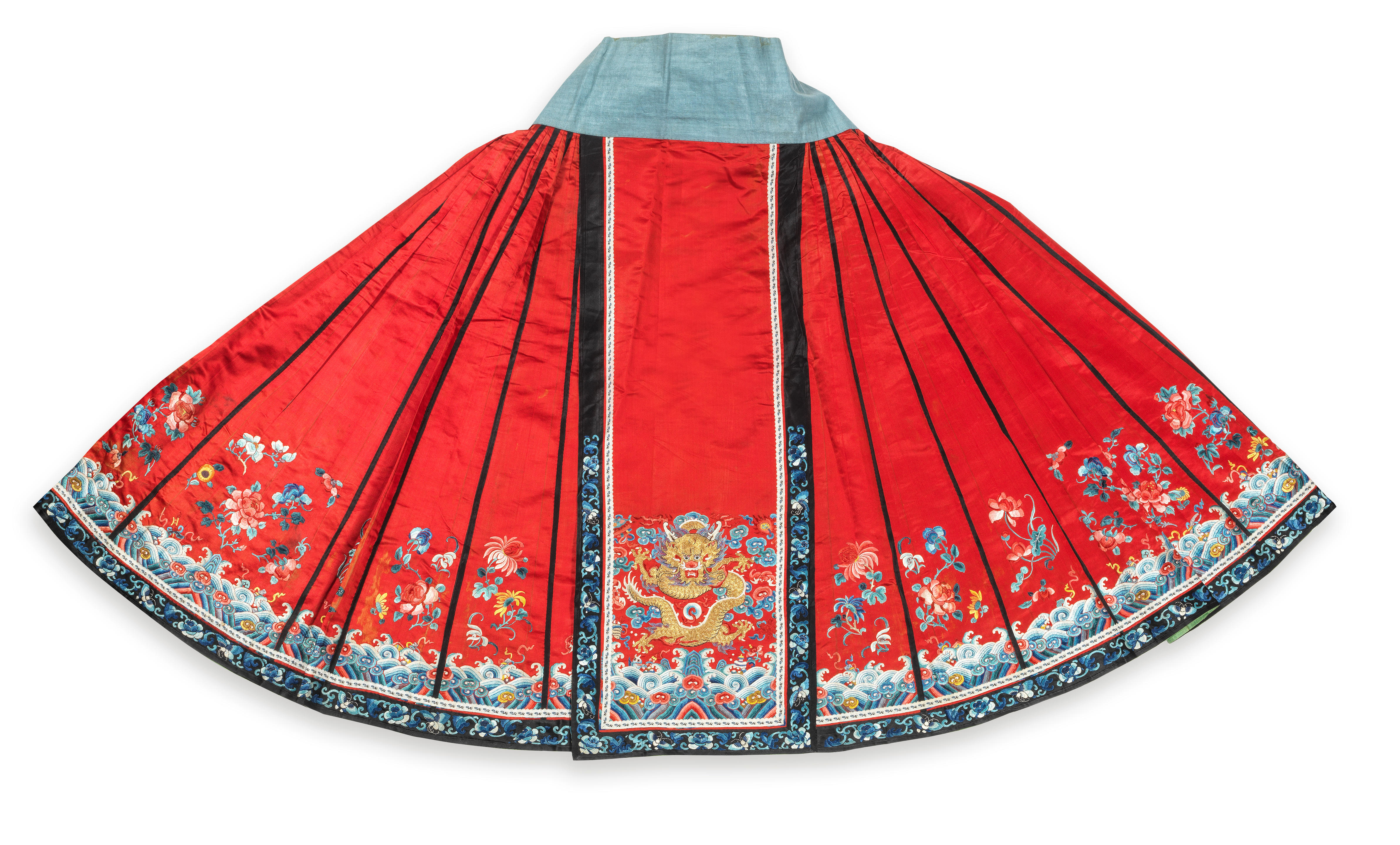 Appraisal: A CORAL-RED-GROUND SILK WEDDING SKIRT th century The skirt finely