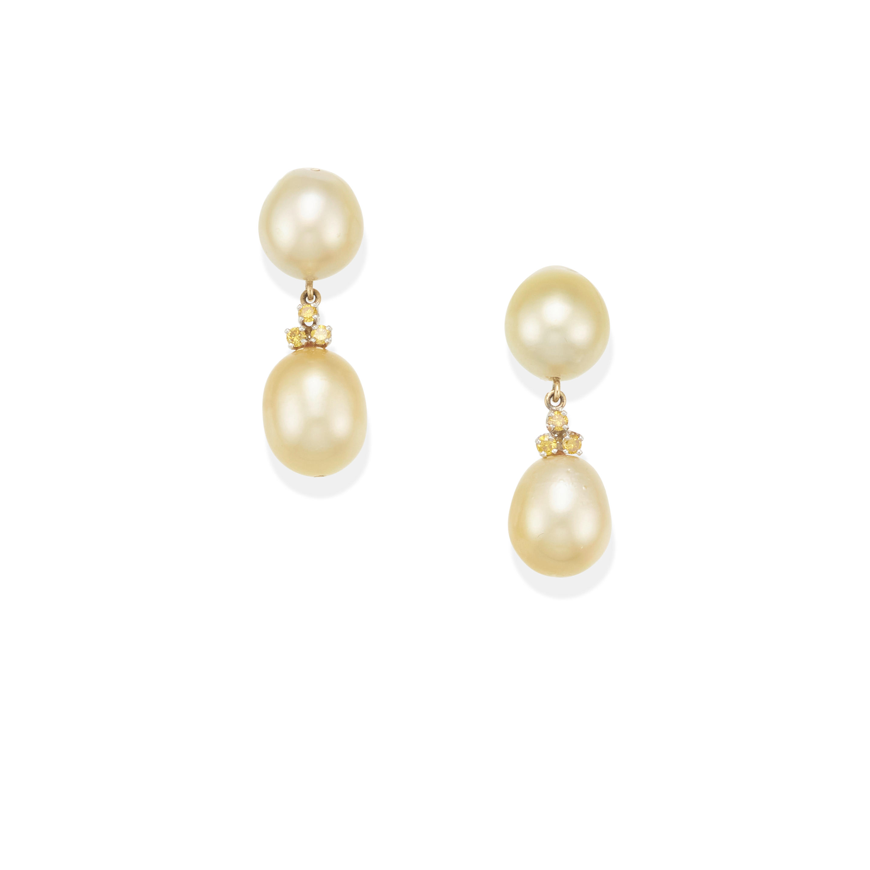 Appraisal: A PAIR OF GOLD CULTURED PEARL AND YELLOW SAPPHIRE EARRINGS