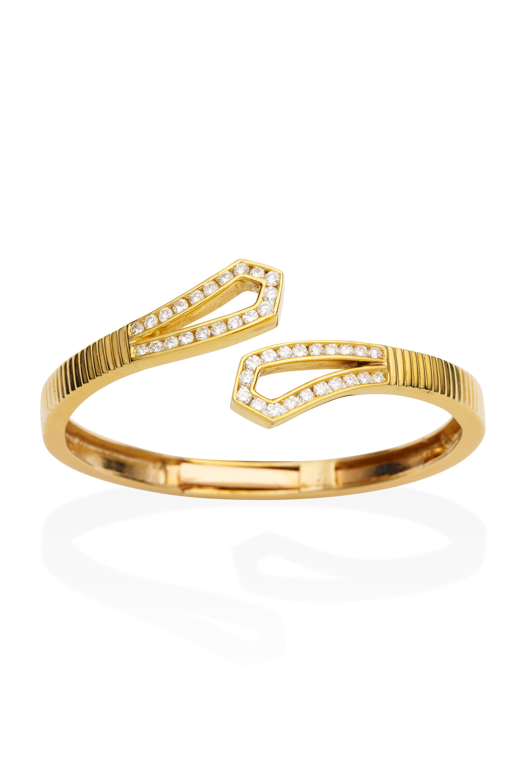 Appraisal: CARAT GOLD AND DIAMOND HINGED BANGLE - Channel set round