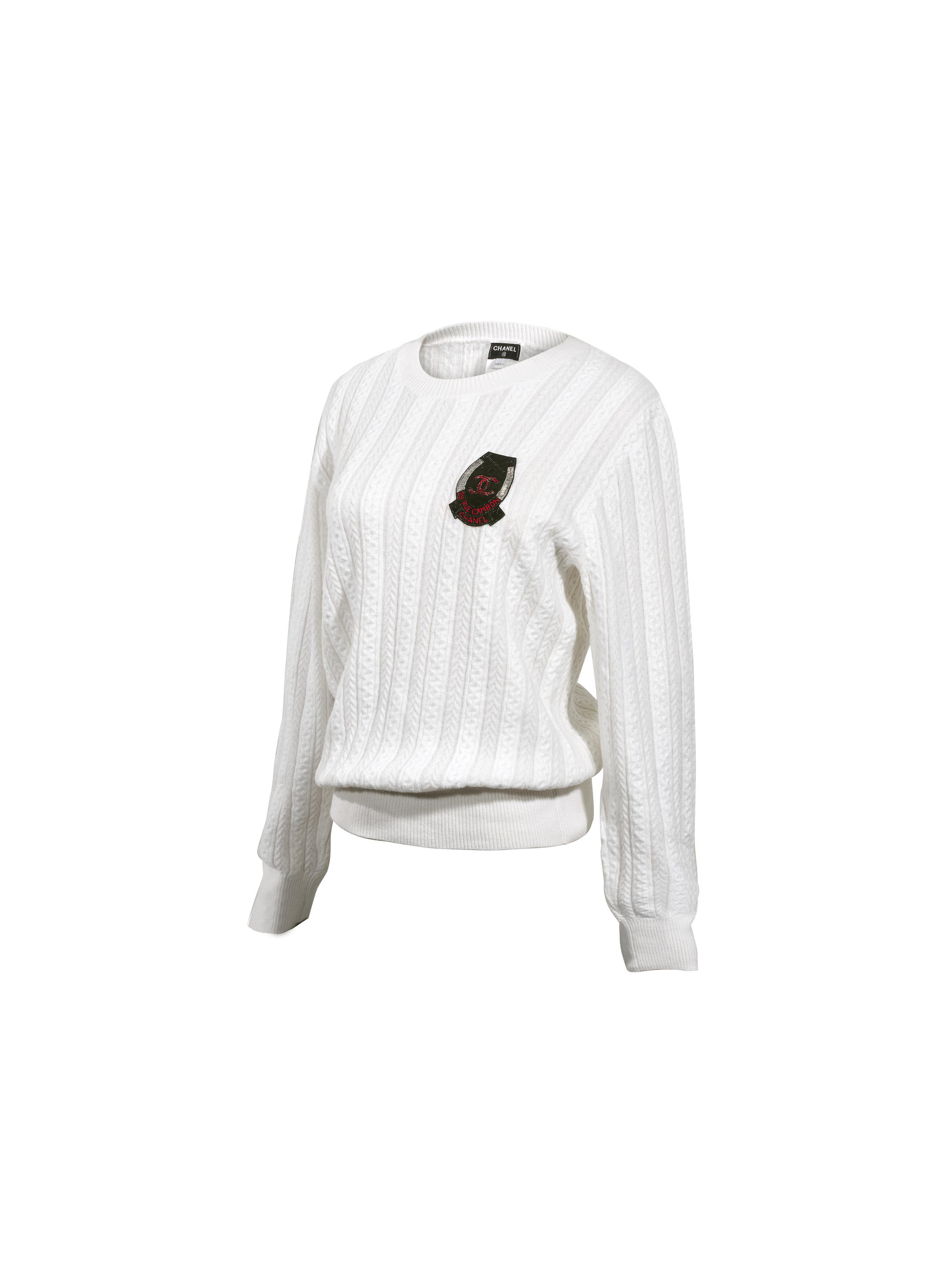 Appraisal: CHANEL ECRU ANGORA AND WOOL BLEND CABLE KNIT EMBROIDERED CC