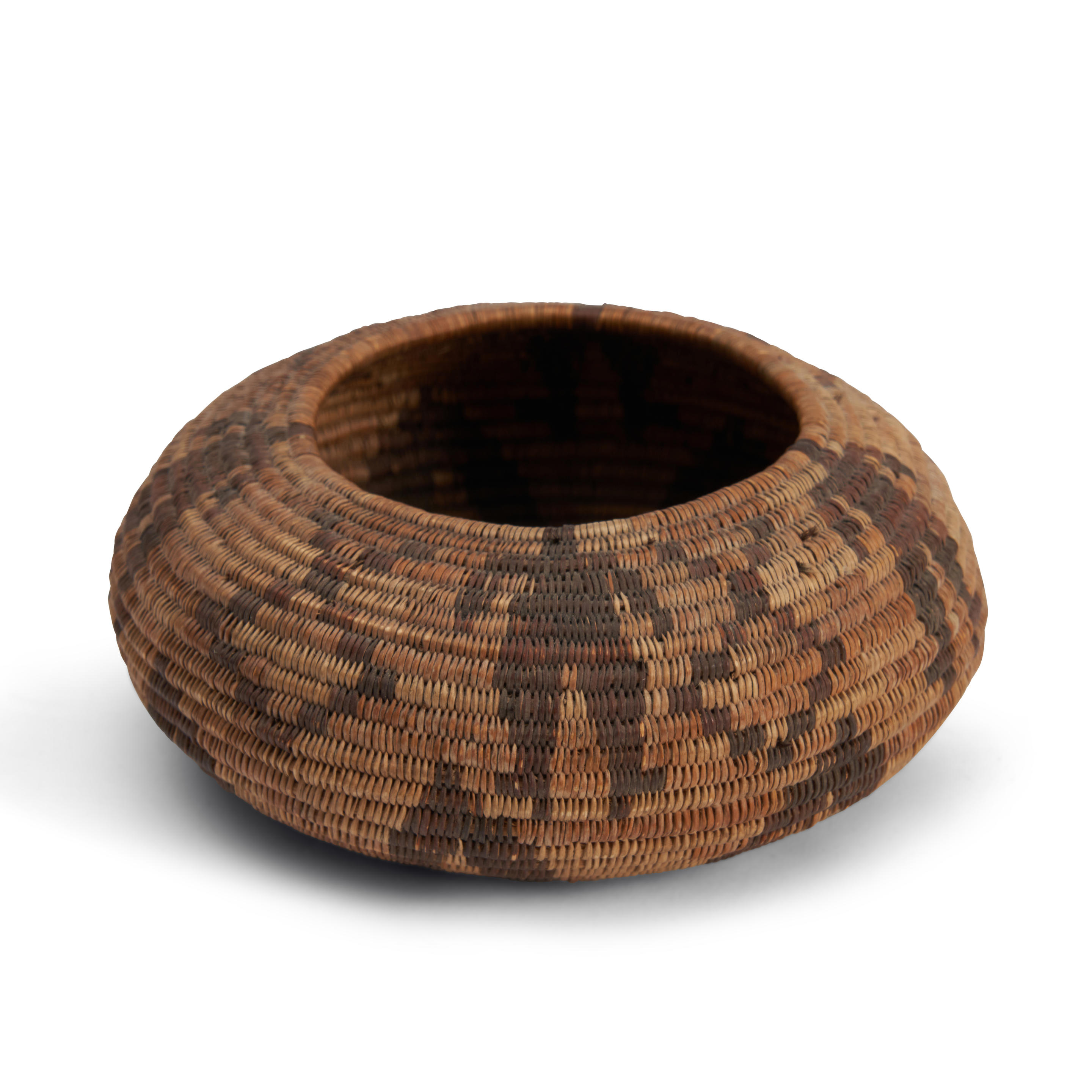 Appraisal: A SMALL PICTORIAL POMO BASKET Tightly woven flat bottom form