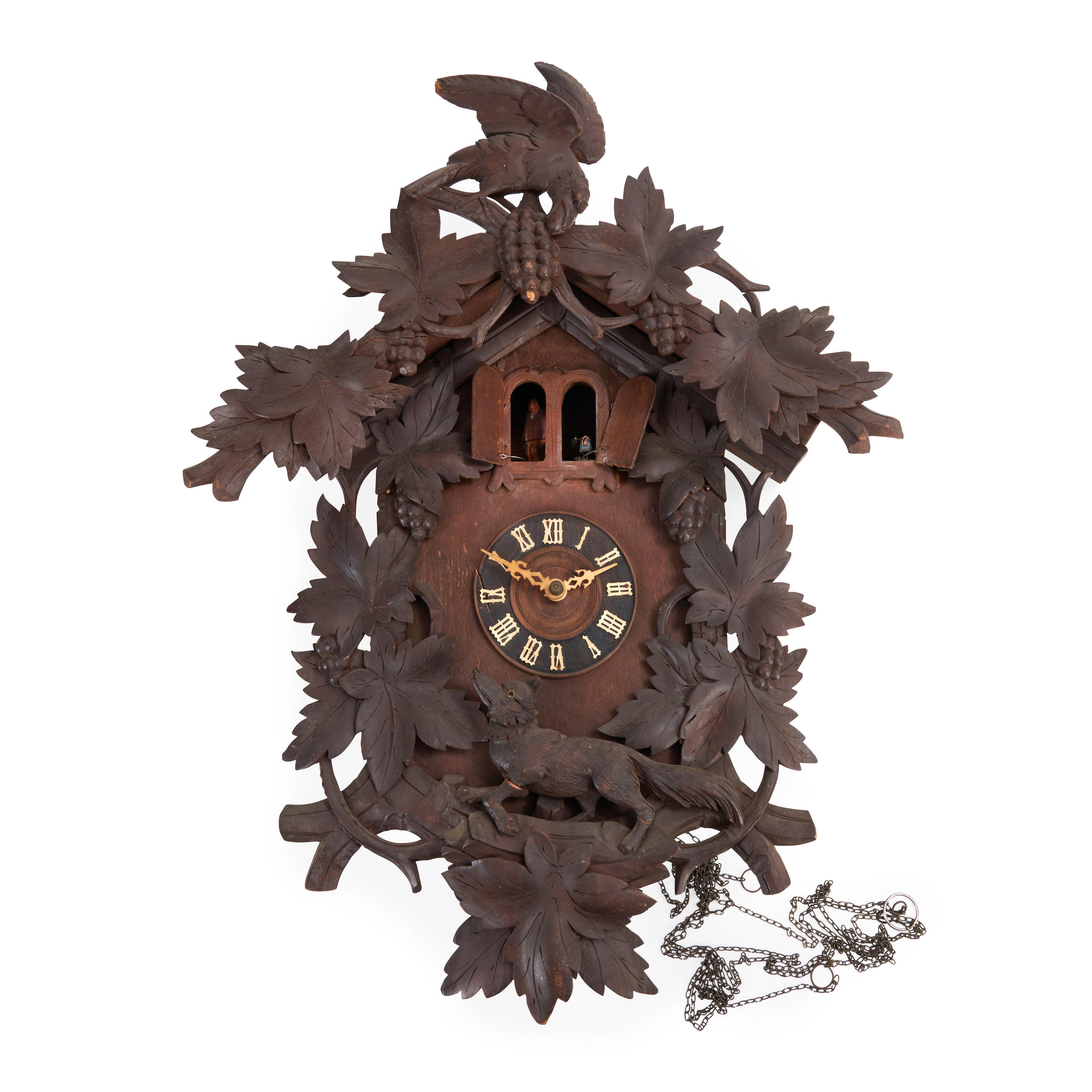 Appraisal: BLACK FOREST CARVED WOOD CUCKOO CLOCK Germany Circa Roman numeral