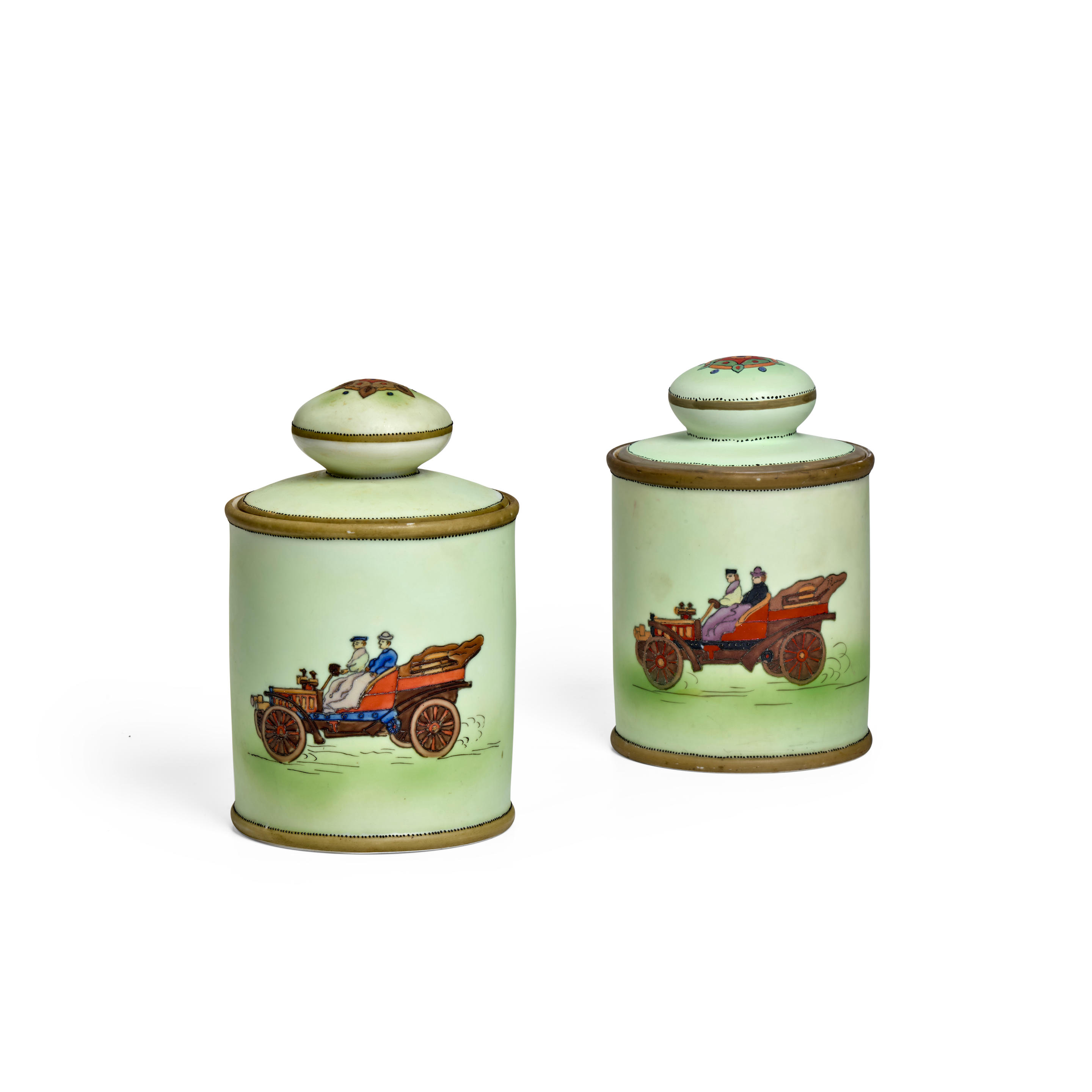 Appraisal: TWO NIPPONWARE TEACADDIES WITH LIDS each hand-painted 'Lady's Motoring Scene'