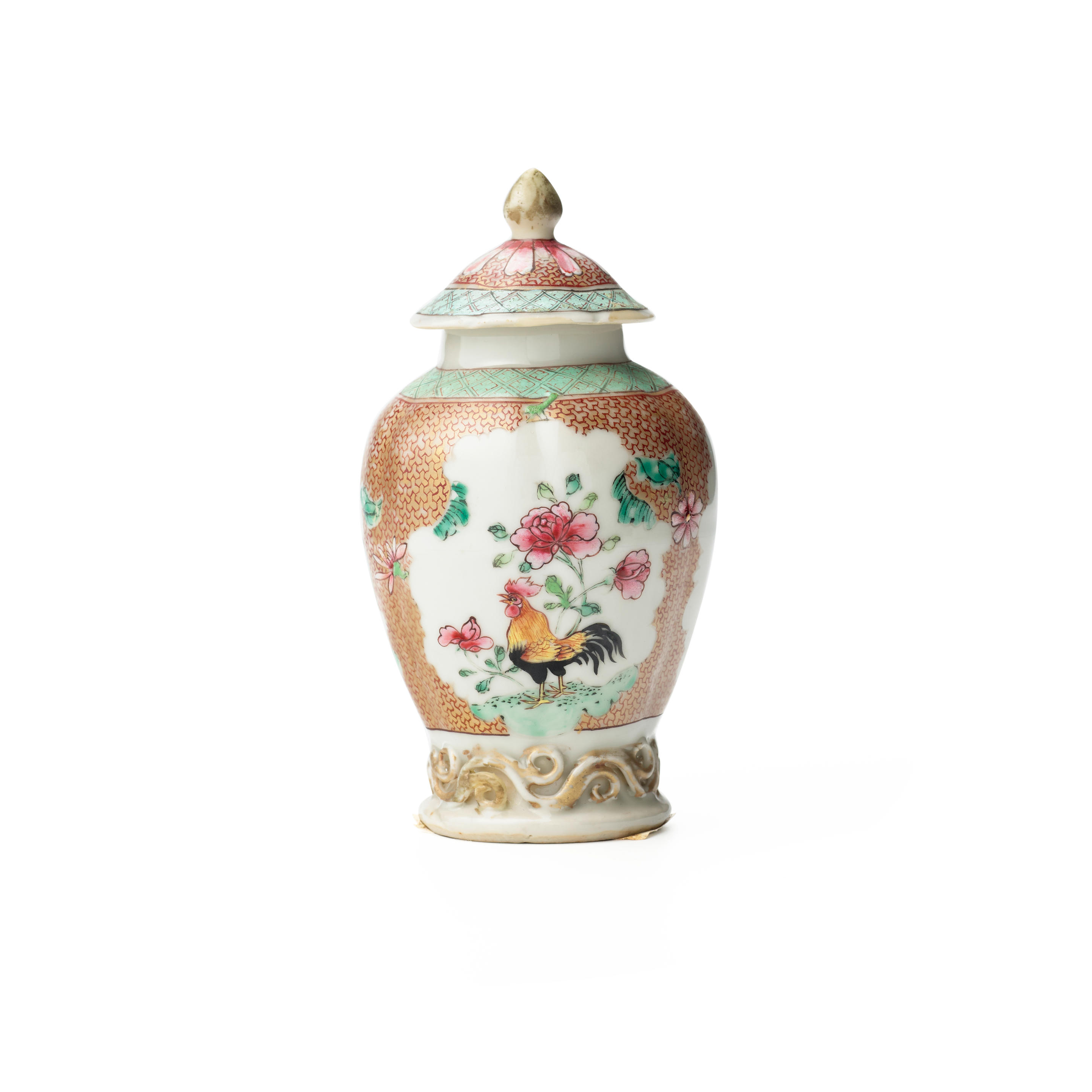 Appraisal: AN EARLY FAMILLE ROSE 'COCKEREL' LOBED BALUSTER SMALL VASE AND