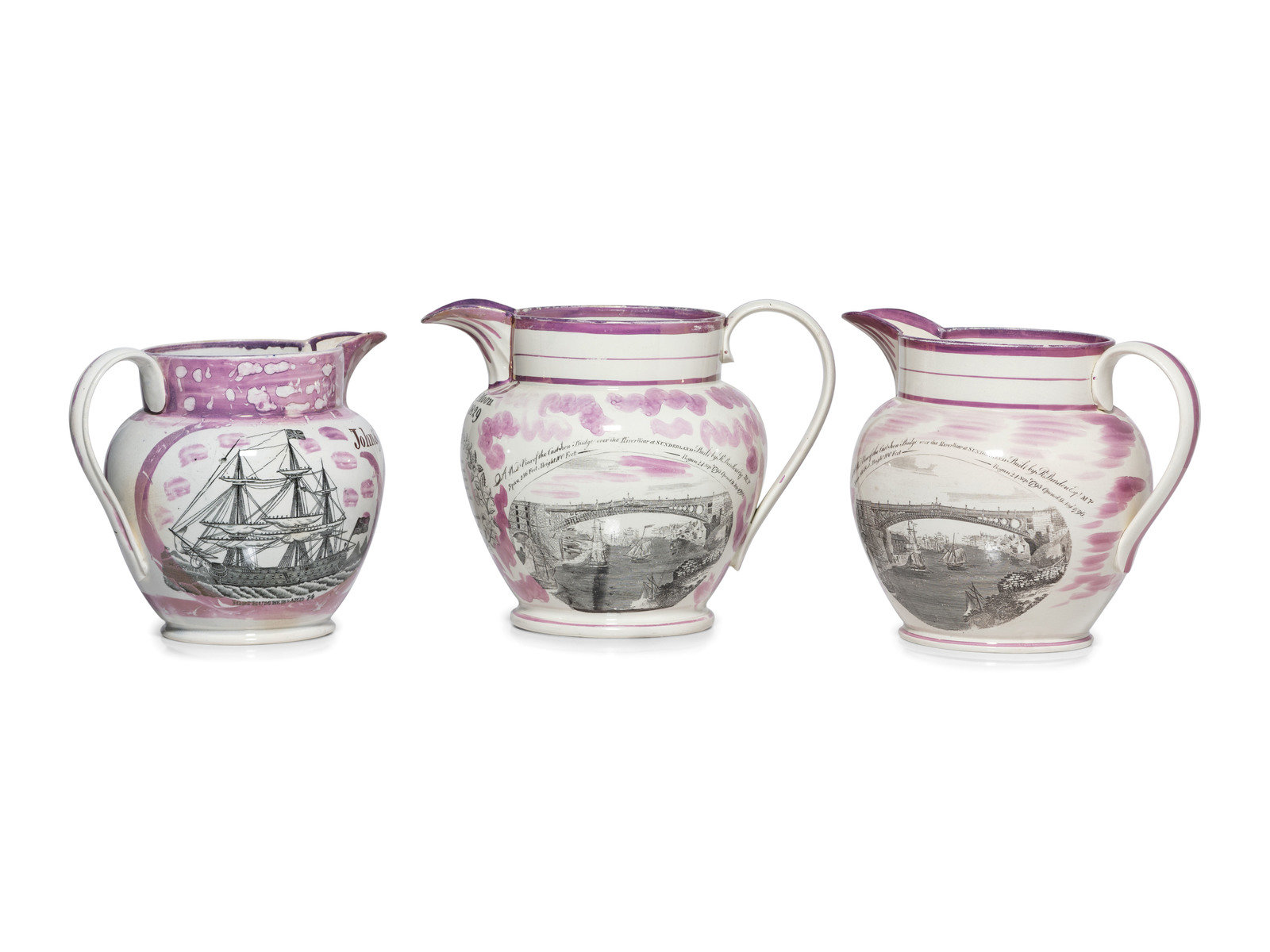 Appraisal: Three Sunderland Luster Inscribed Jugs English th Century comprising one