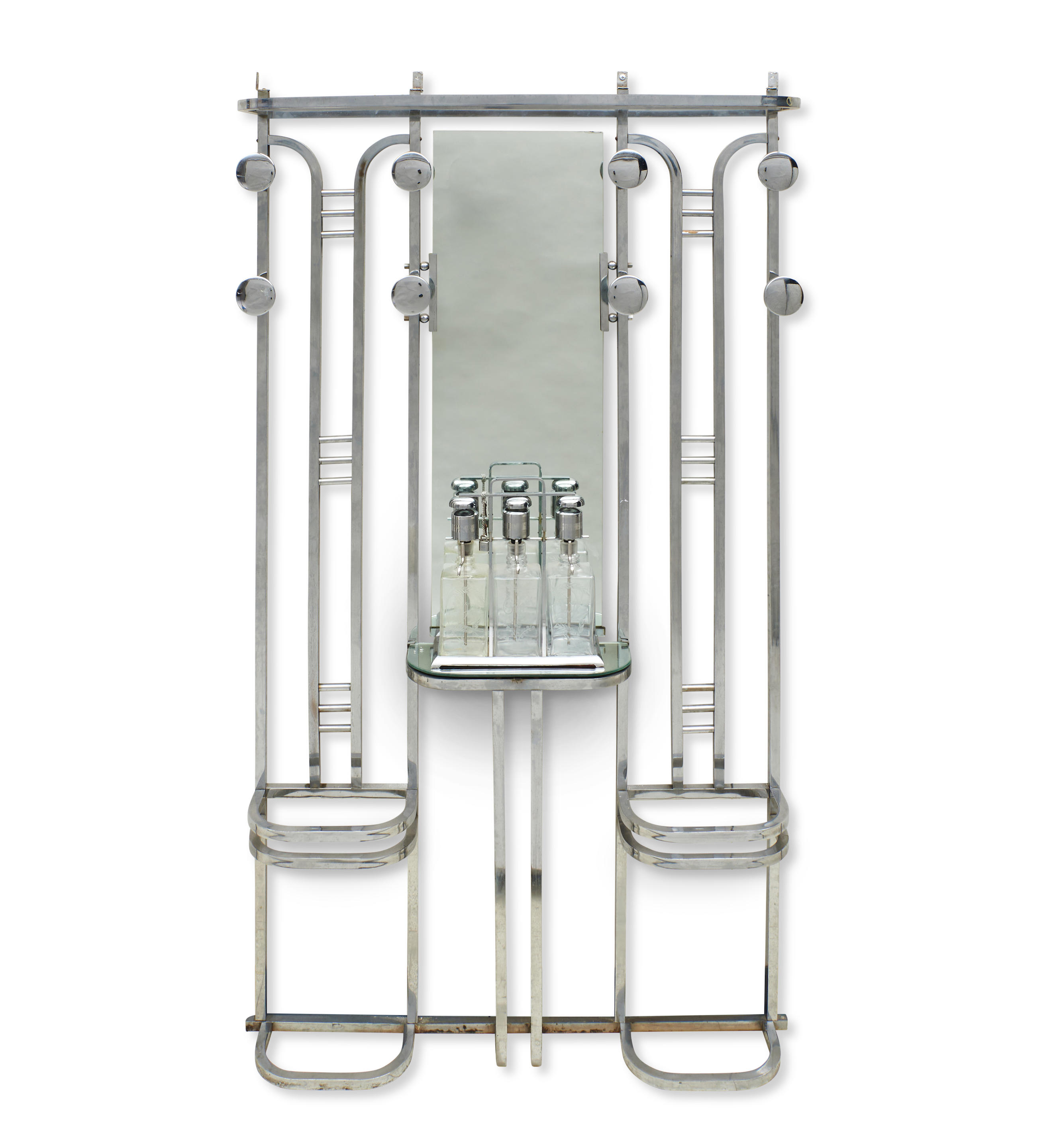 Appraisal: ART DECO HALL RACK WITH DECANTERS circa s chromed metal