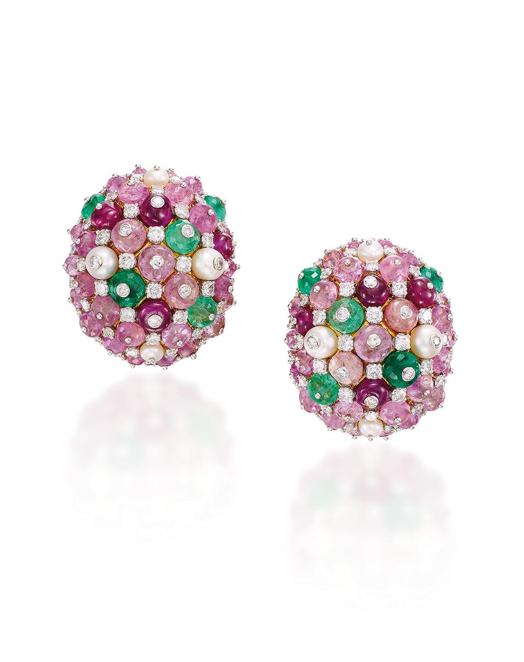 Appraisal: PAIR OF GEM-SET AND DIAMOND EARCLIPS Of bomb form set