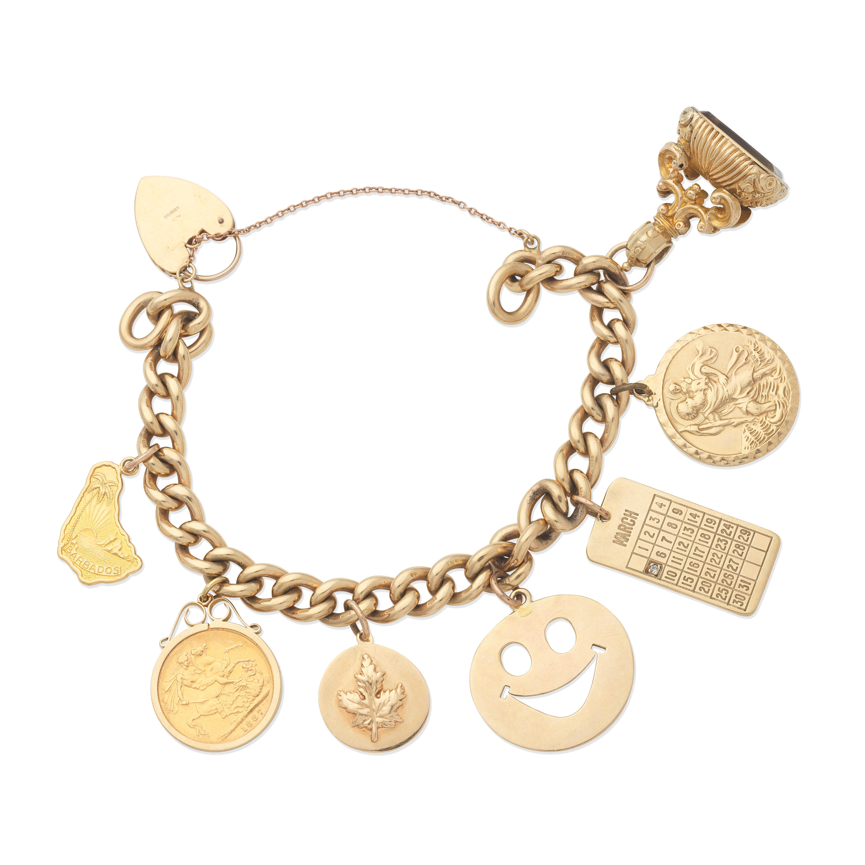 Appraisal: GOLD CHARM BRACELET The carat gold curb-link bracelet suspending seven