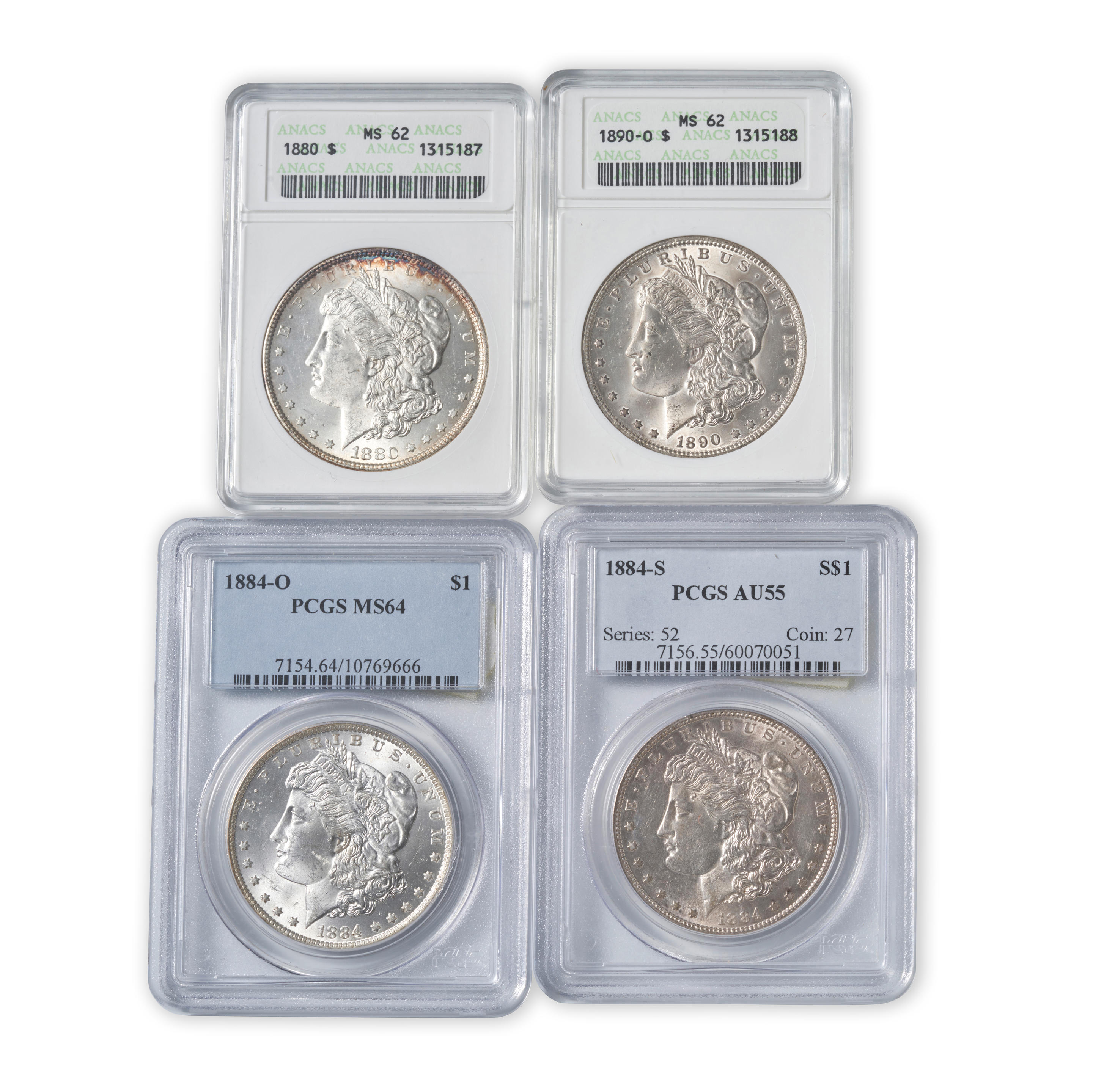 Appraisal: UNITED STATES FOUR MORGAN DOLLARS Including graded ANACS MS -S