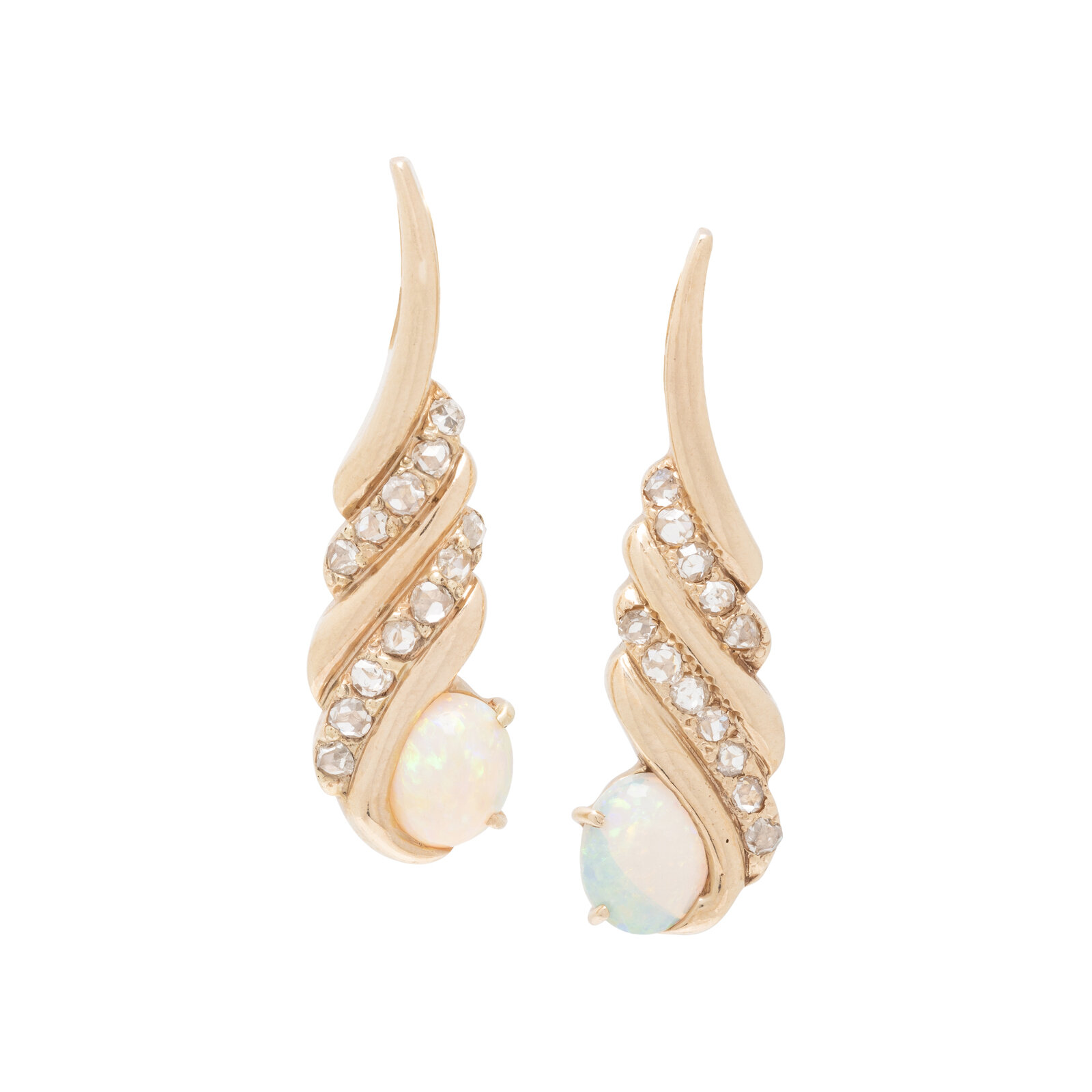 Appraisal: YELLOW GOLD DIAMOND AND OPAL EARRINGS Rose cut diamonds and