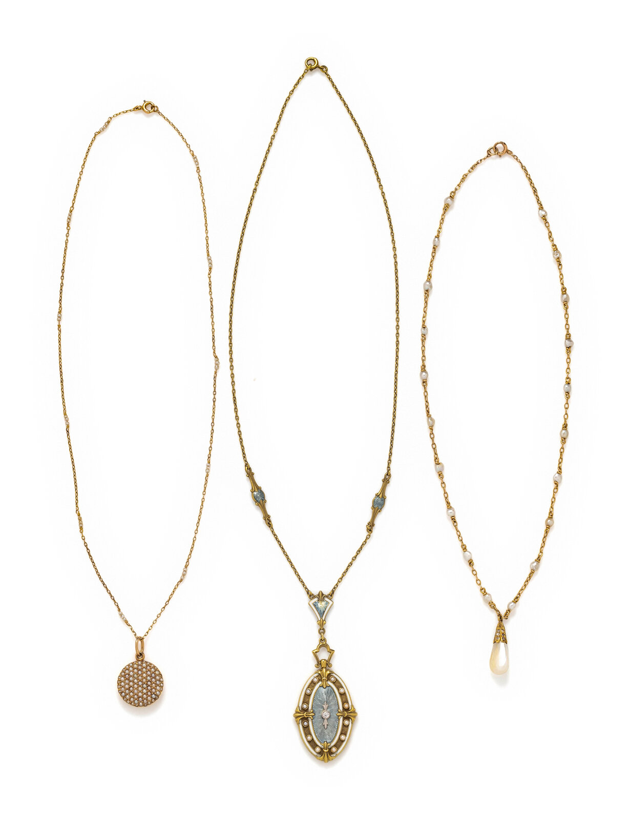 Appraisal: COLLECTION OF YELLOW GOLD AND SEED PEARL NECKLACES Consisting of