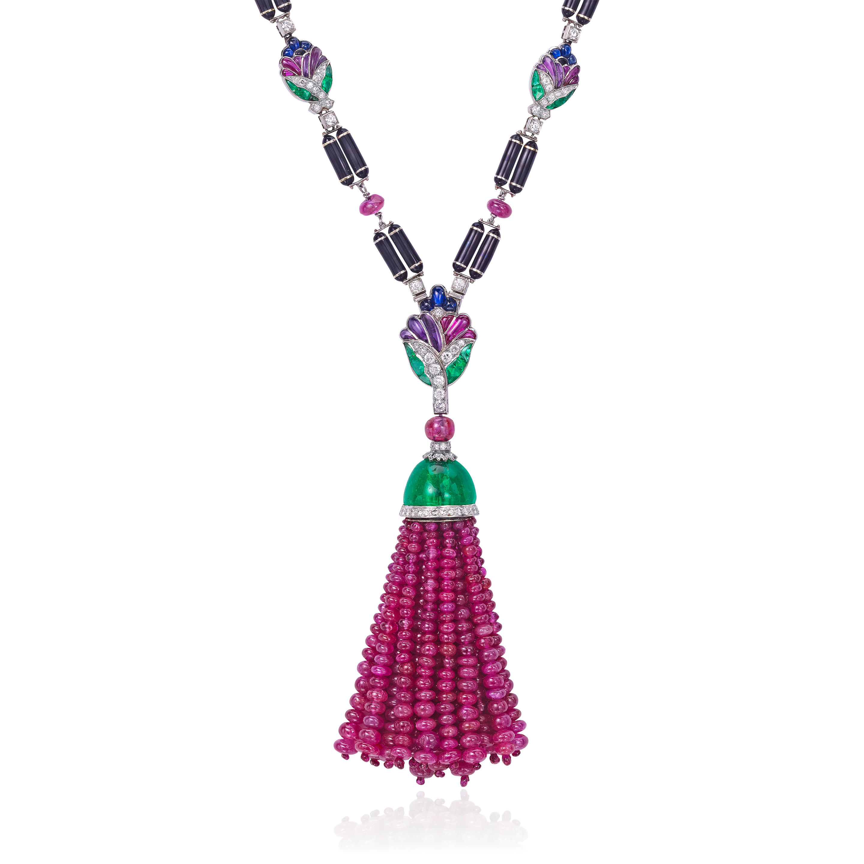 Appraisal: MAUBOUSSIN AN ART DECO GEM-SET DIAMOND AND ENAMEL TASSEL NECKLACE