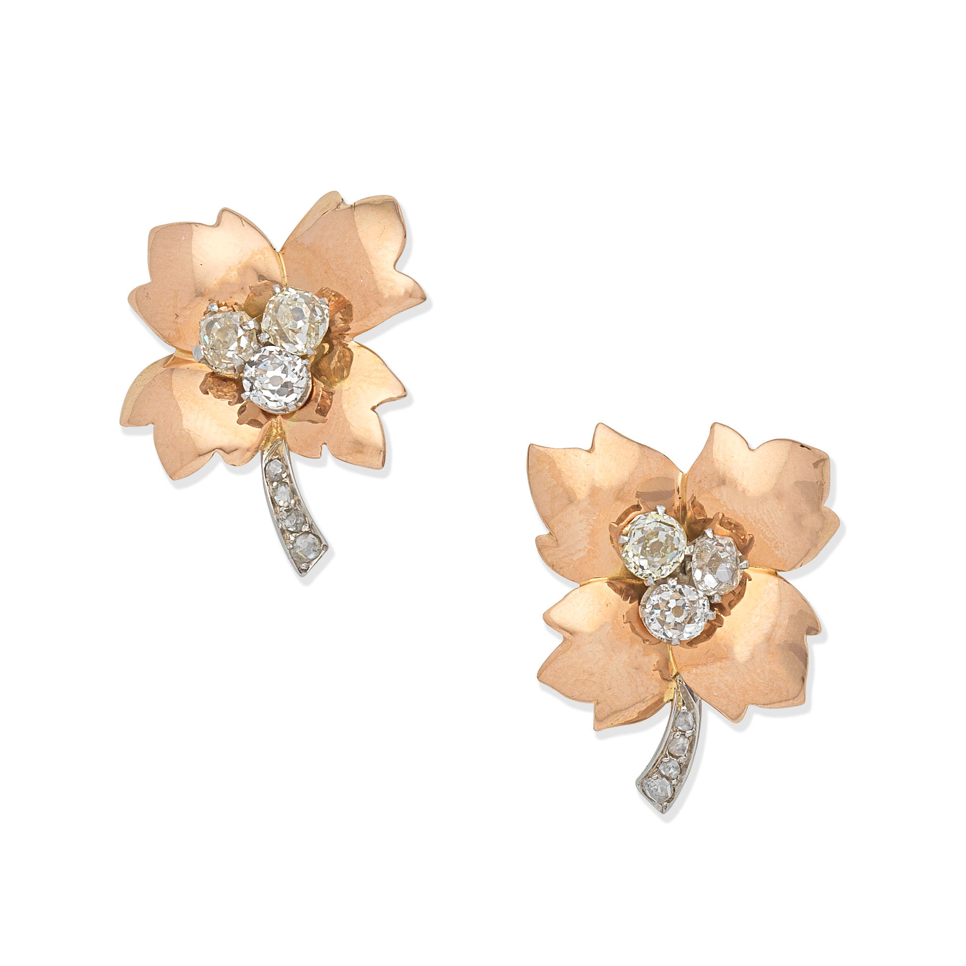 Appraisal: DIAMOND FOLIATE EARRINGS MID TH CENTURY Cushion and rose-cut diamonds