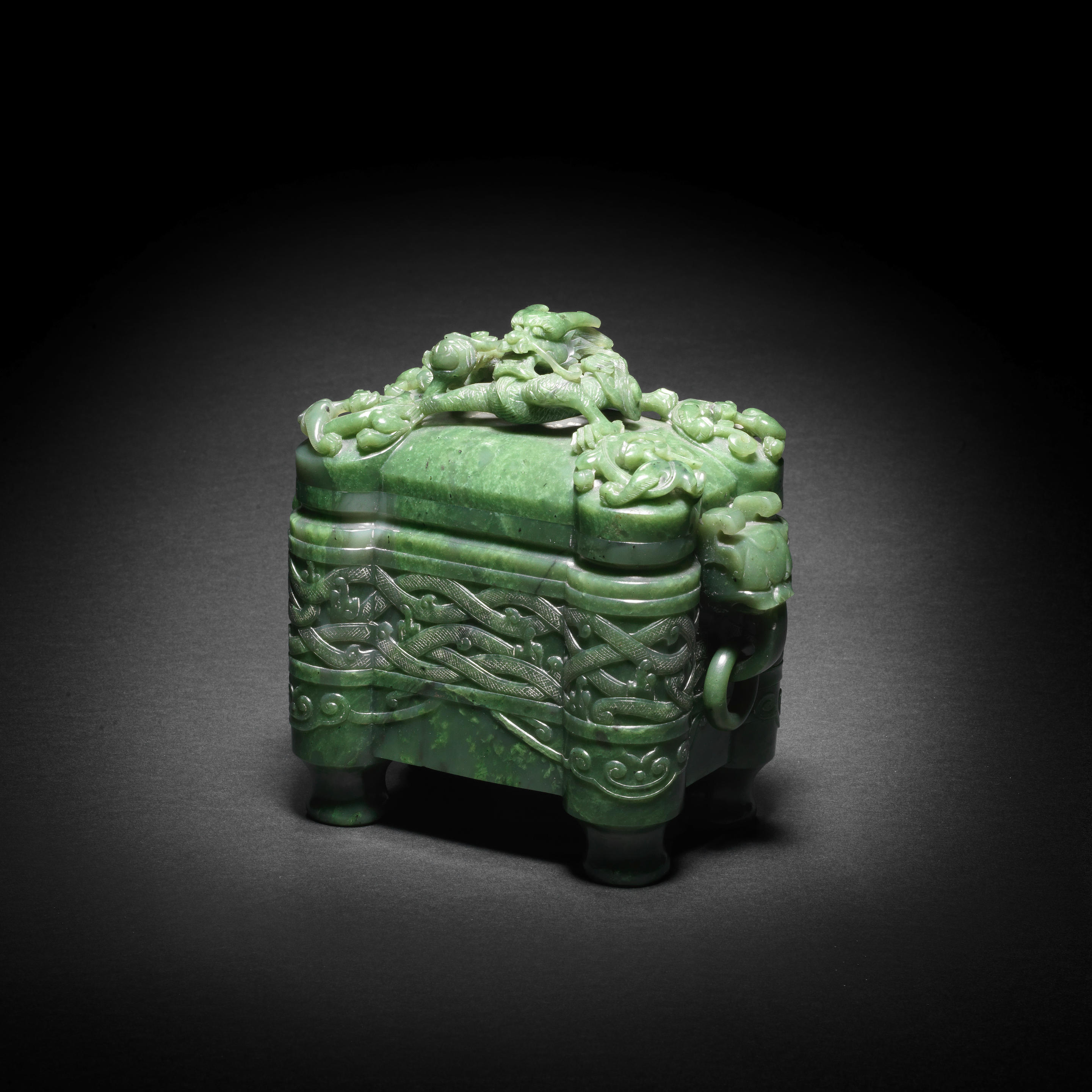 Appraisal: A VERY FINE ARCHAISTIC SPINACH-GREEN JADE INCENSE BURNER AND COVER