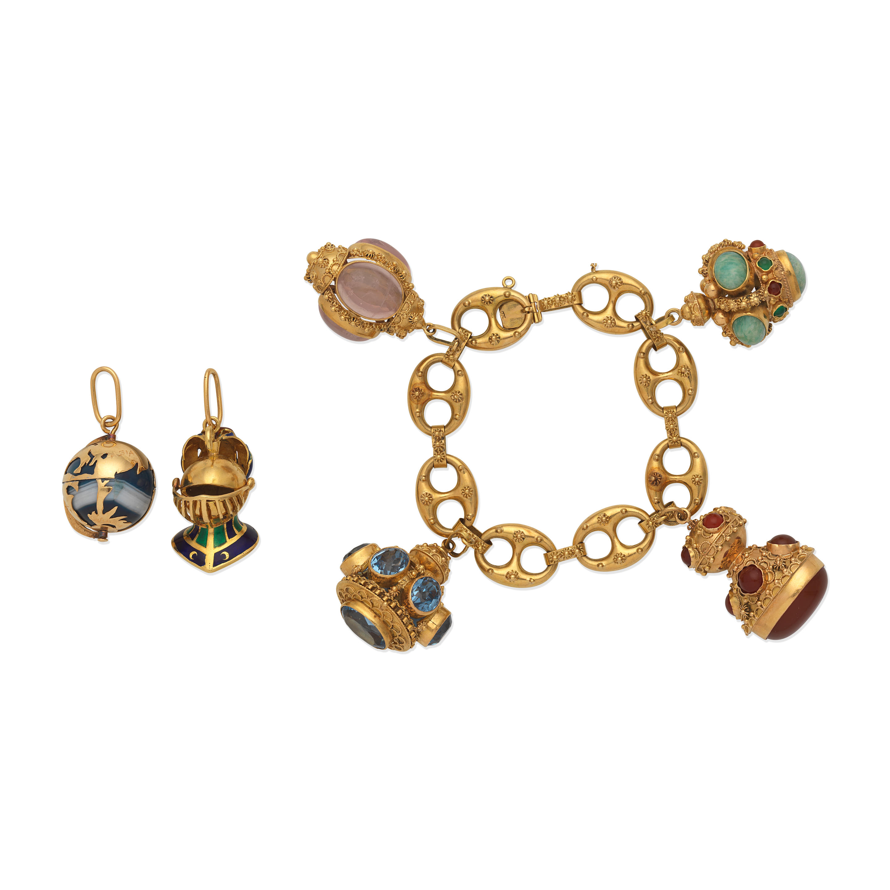 Appraisal: GEM-SET CHARM BRACELET AND TWO CHARMS The bracelet suspending four