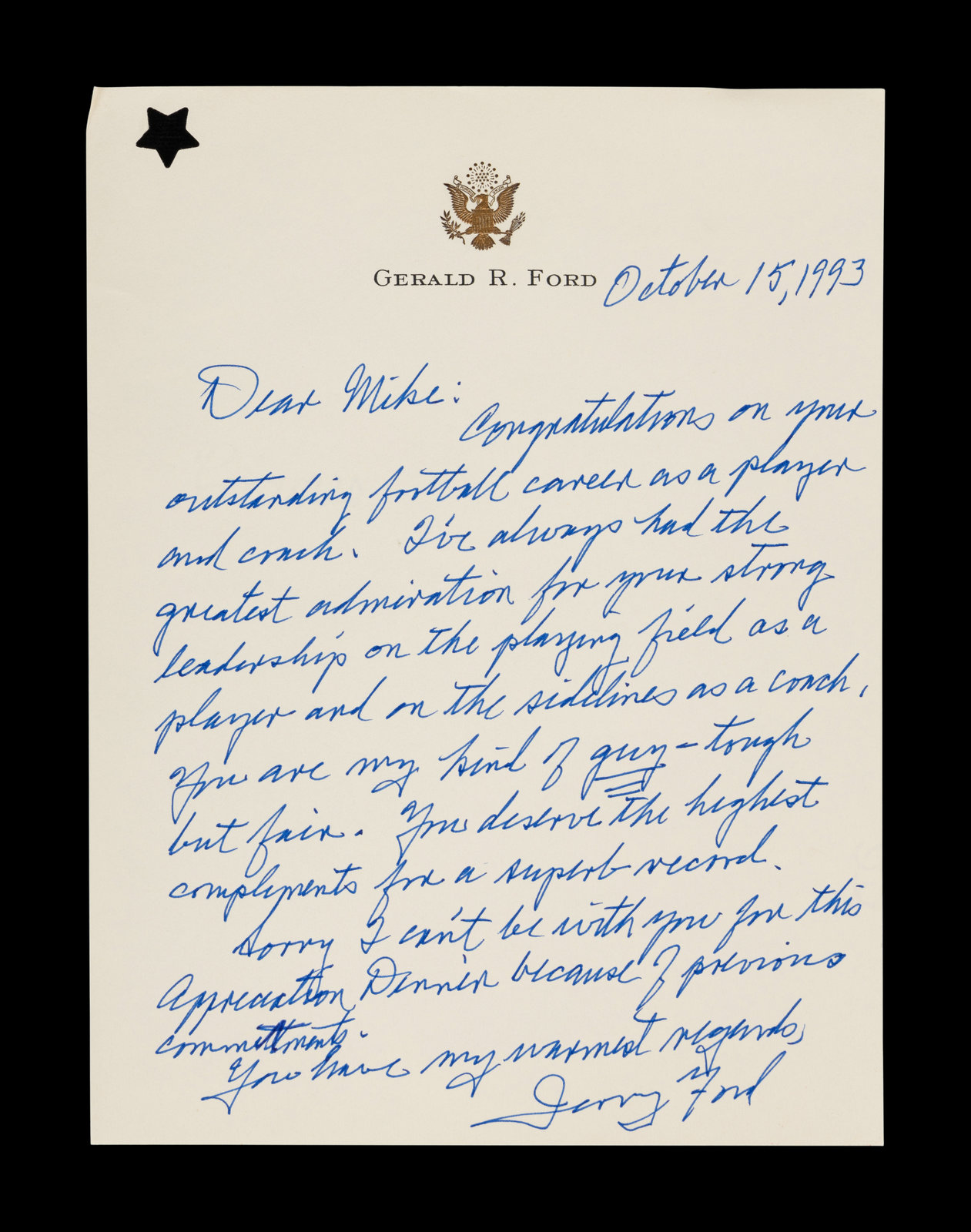 Appraisal: A Gerald Ford Signed Letter to Mike Ditka Warm handwritten