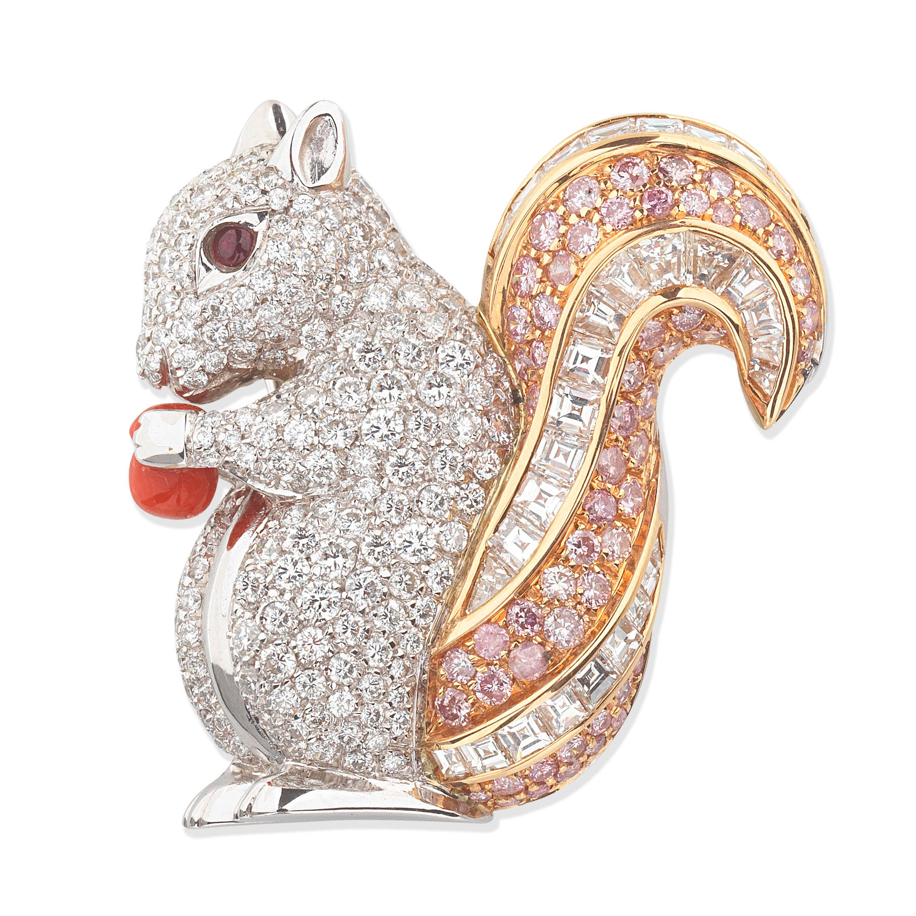 Appraisal: DIAMOND AND COLOURED DIAMOND SQUIRREL BROOCH The squirrel holding a