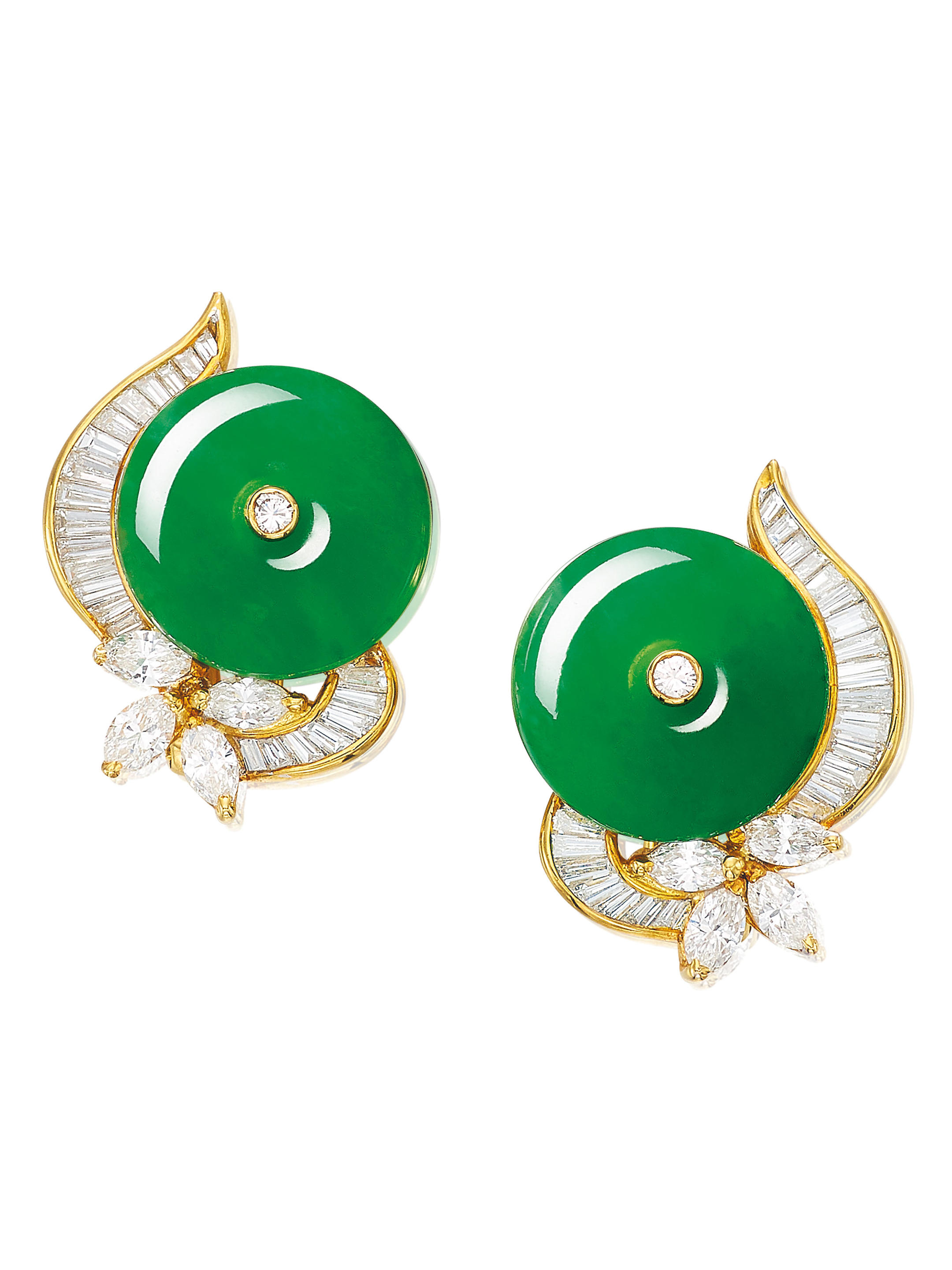 Appraisal: PAIR OF JADEITE AND DIAMOND 'HUAIGU' EARRINGS Each set with