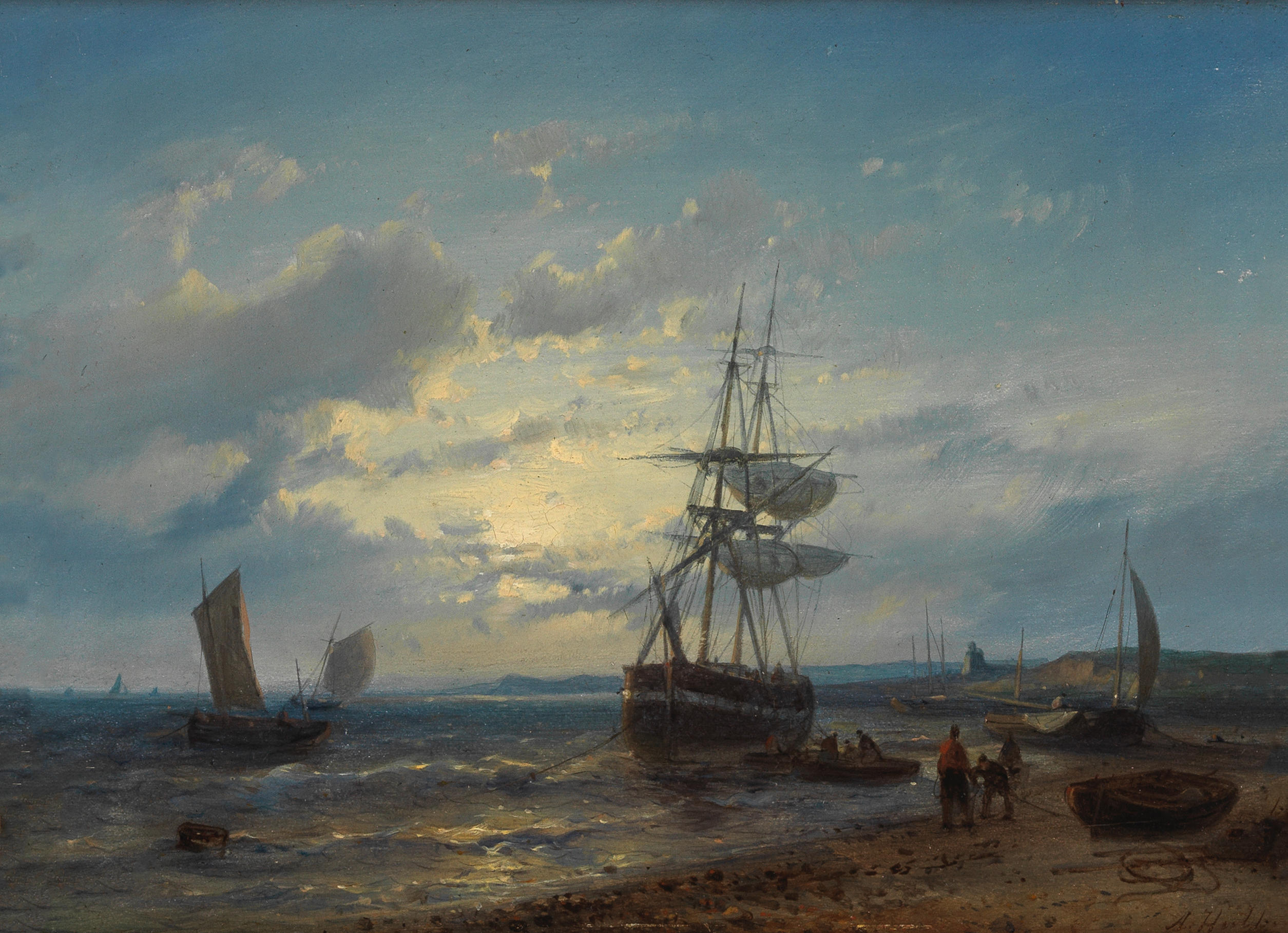 Appraisal: ABRAHAM HULK DUTCH - Moored boats by the beach at