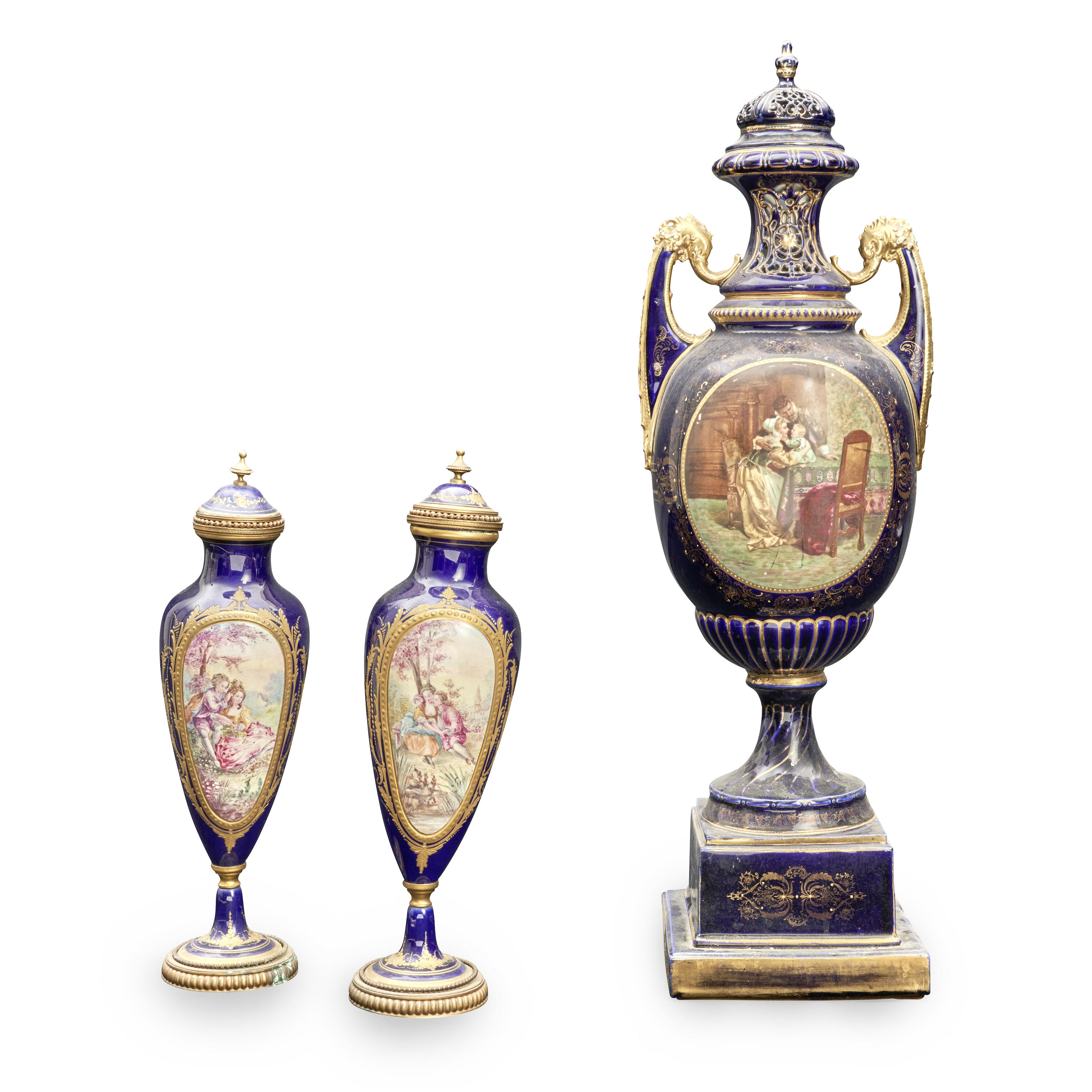 Appraisal: ROYAL VIENNA URN AND A PAIR OF SEVRES-STYLE HAND-PAINTED VASES