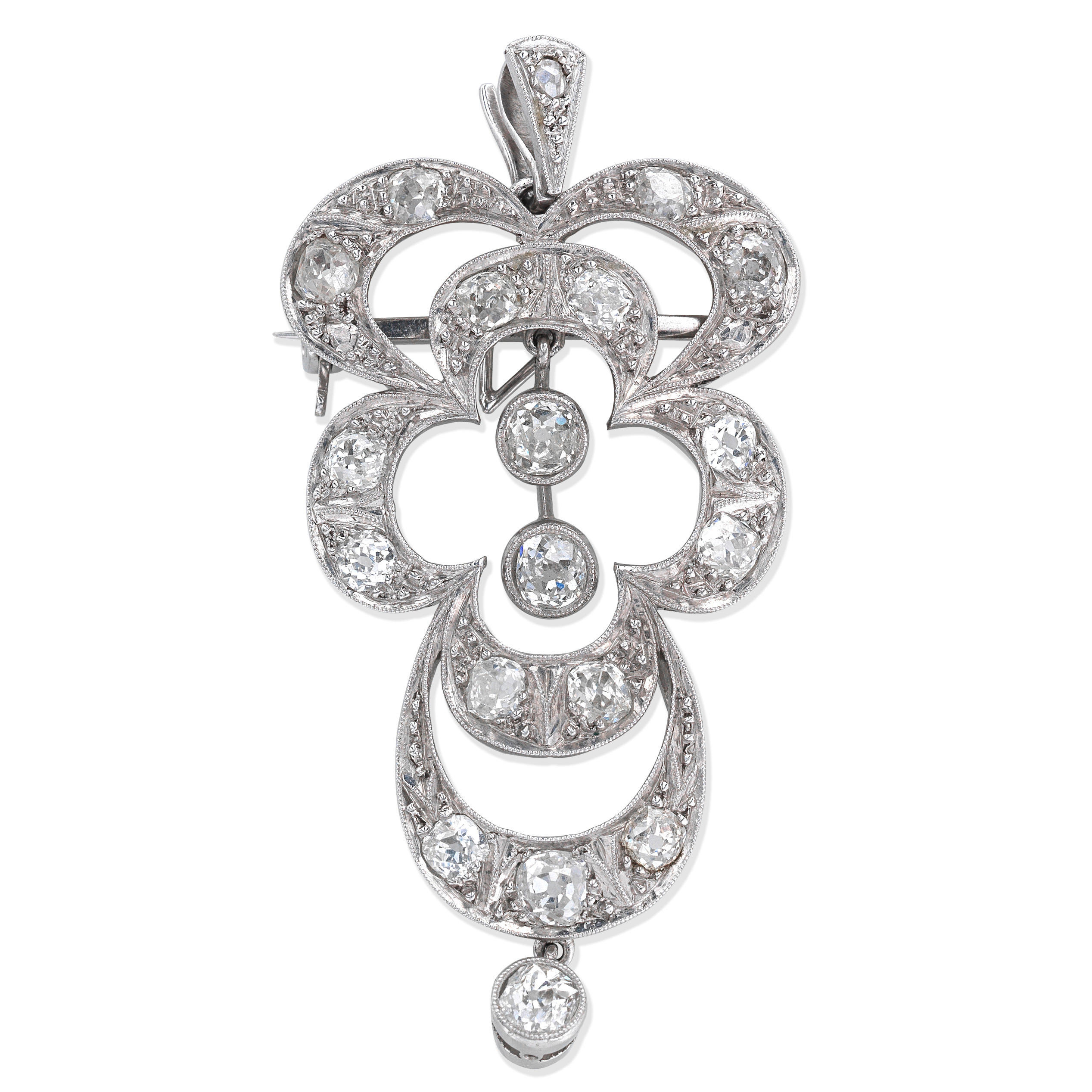 Appraisal: DIAMOND PENDANT BROOCH Set with cushion-shaped diamonds and a rose-cut