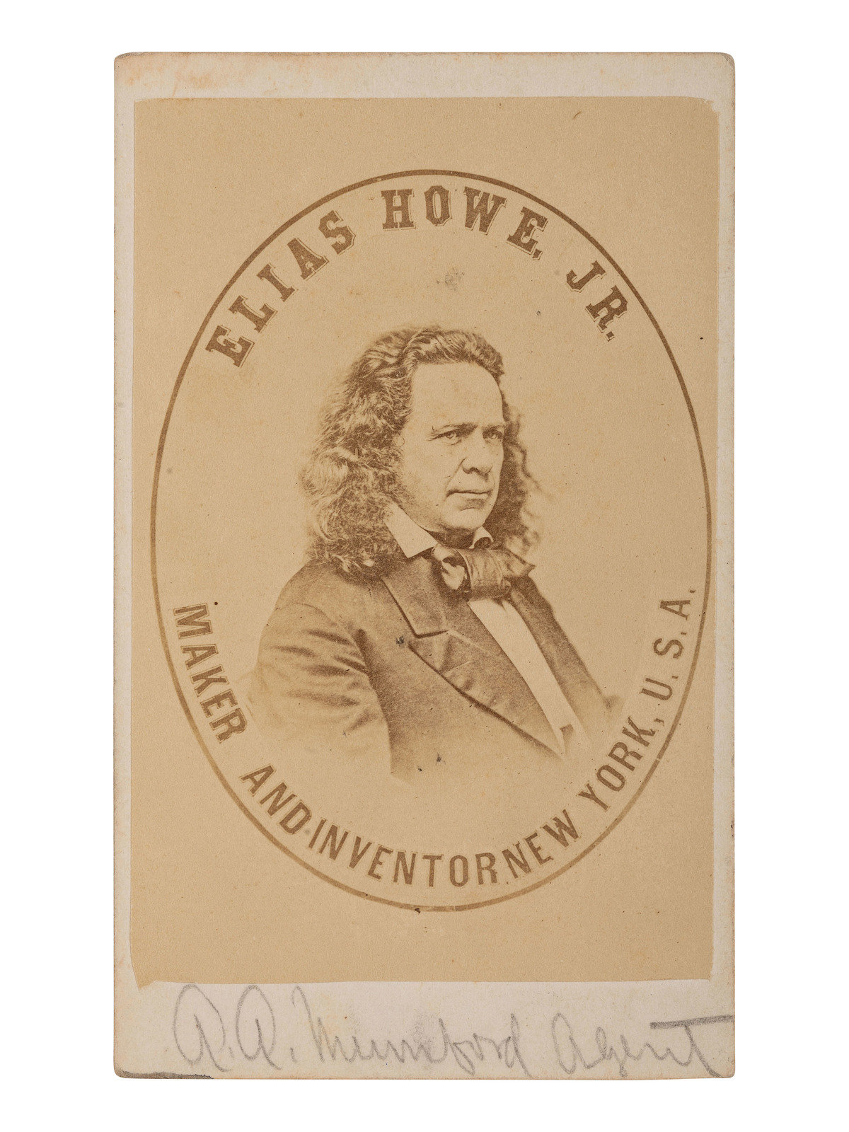 Appraisal: EARLY PHOTOGRAPHY Advertising CDV for American inventor Elias Howe Jr