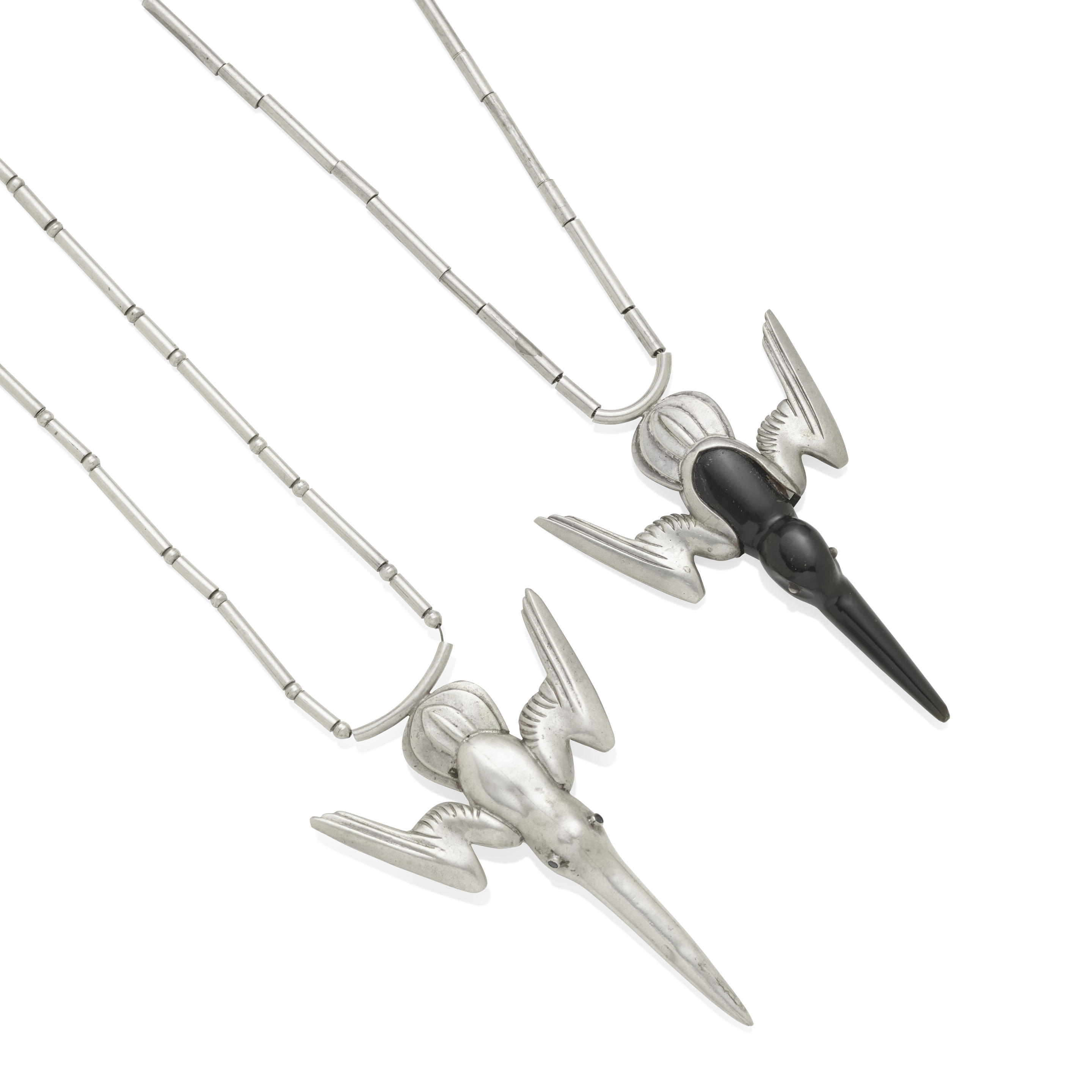 Appraisal: TWO SILVER AND OBSIDIAN HUMMINGBIRD NECKLACES WILLIAM SPRATLING CIRCA -