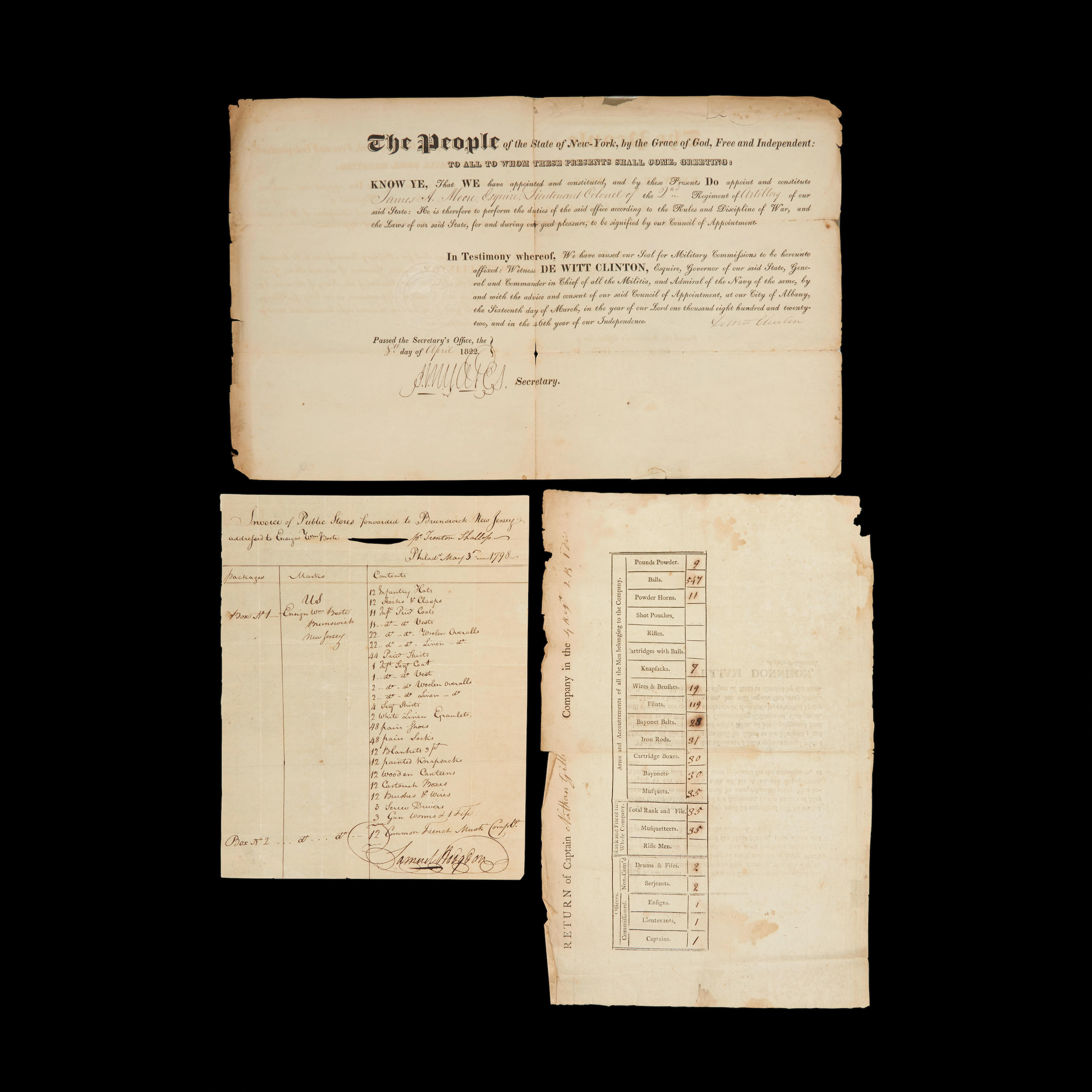 Appraisal: THREE EARLY FEDERAL MILITARY DOCUMENTS An Invoice of Public Stores