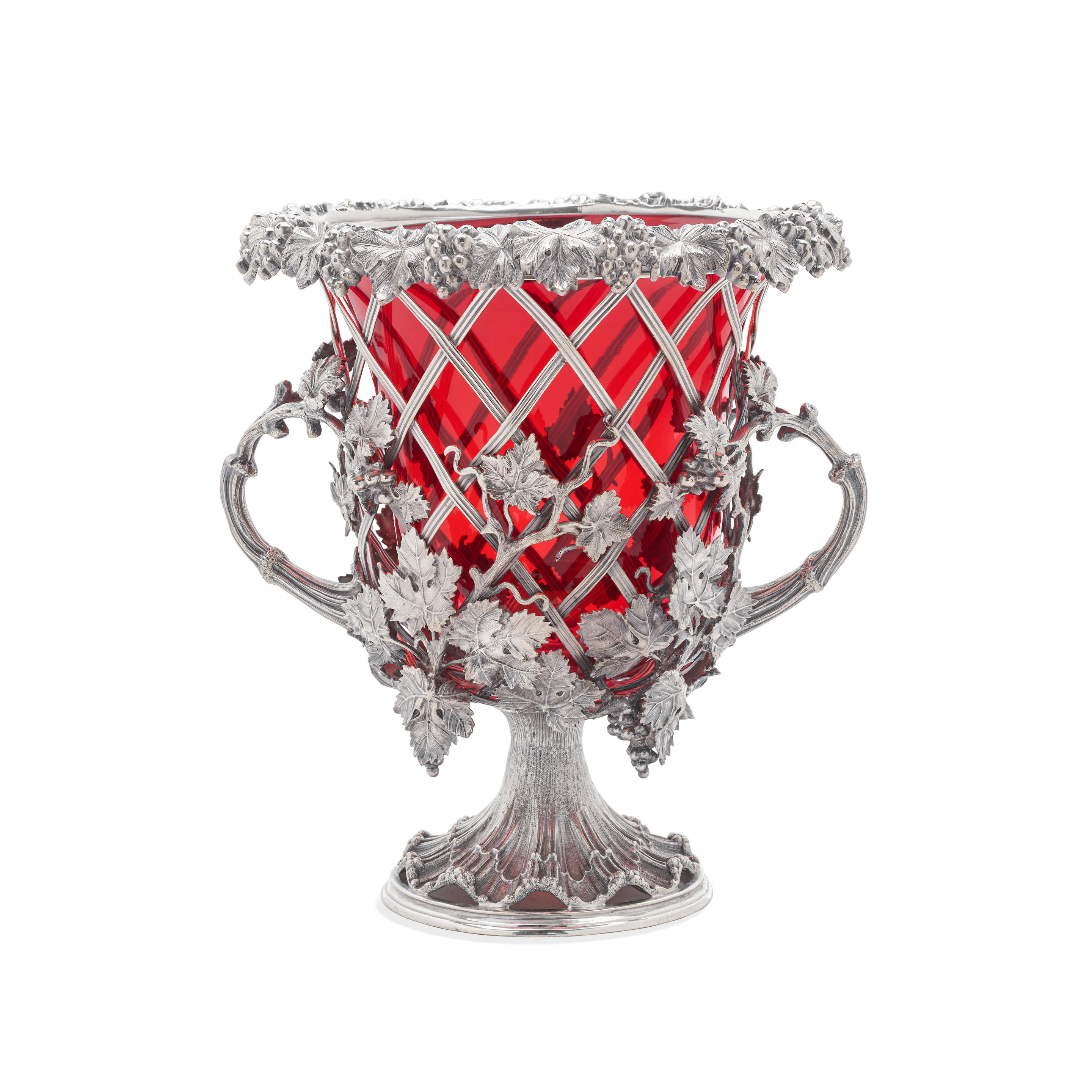 Appraisal: A VICTORIAN SILVER-PLATED RED GLASS LINED TWO-HANDLED URN apparently unmarked